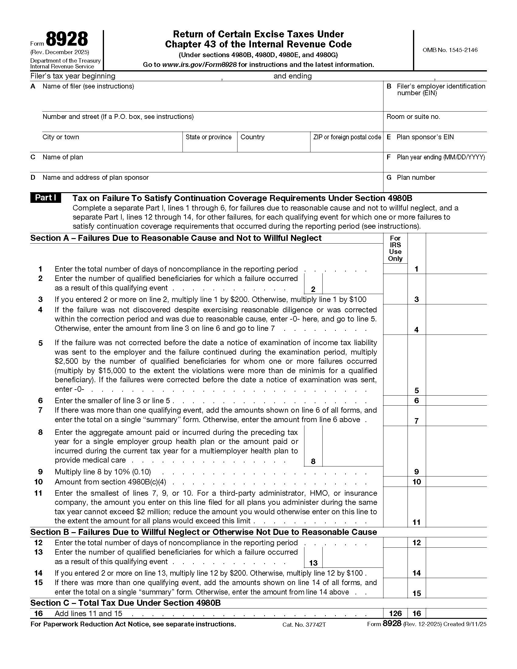 Form 8928 Return Of Certain Excise Taxes Under Chapter 43 {8928} | Pdf Fpdf Doc Docx | Official Federal Forms