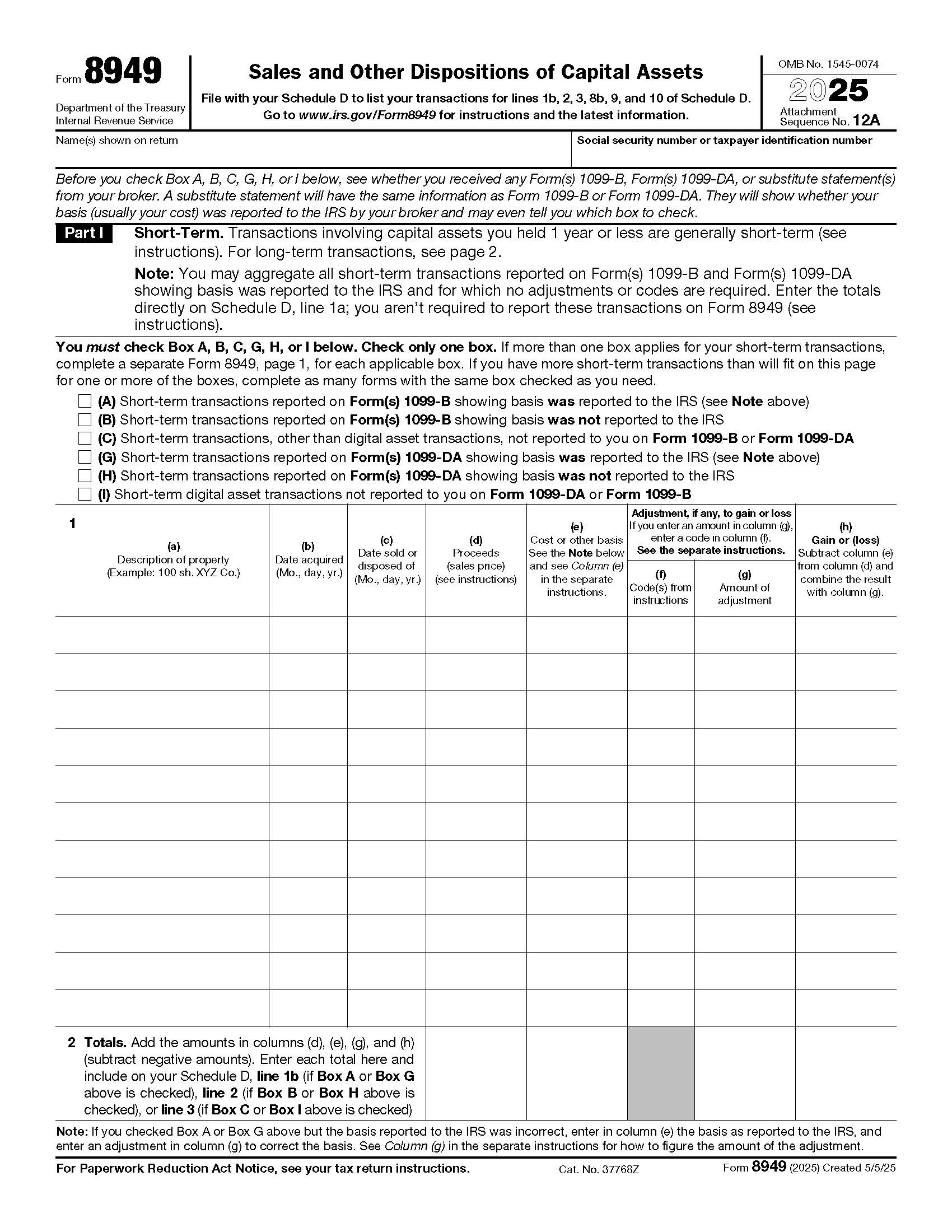Form 8949 Sales And Other Dispositions Of Capital Assets {8949} | Pdf Fpdf Docx | Official Federal Forms