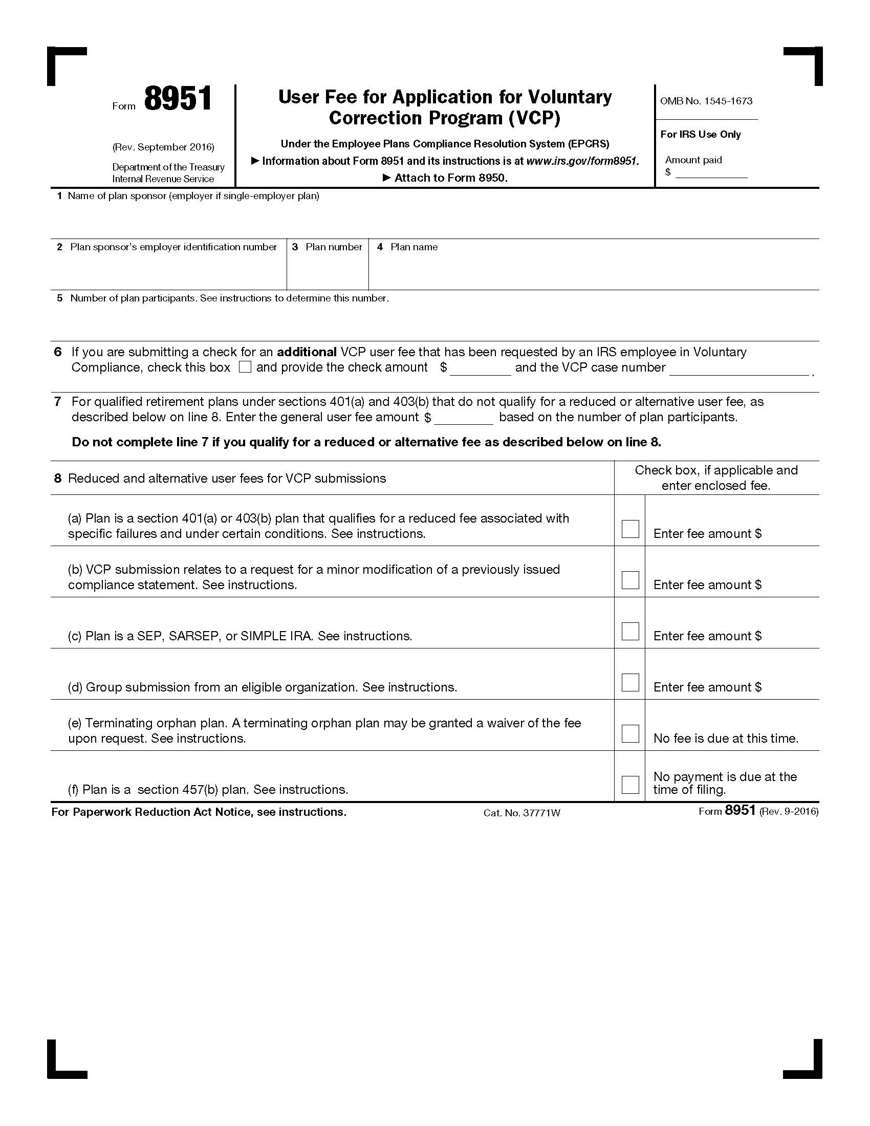 Form 8951 Compliance Fee For Application For Voluntary Correction Program (VCP) {8951} | Pdf Fpdf Doc Docx | Official Federal Forms
