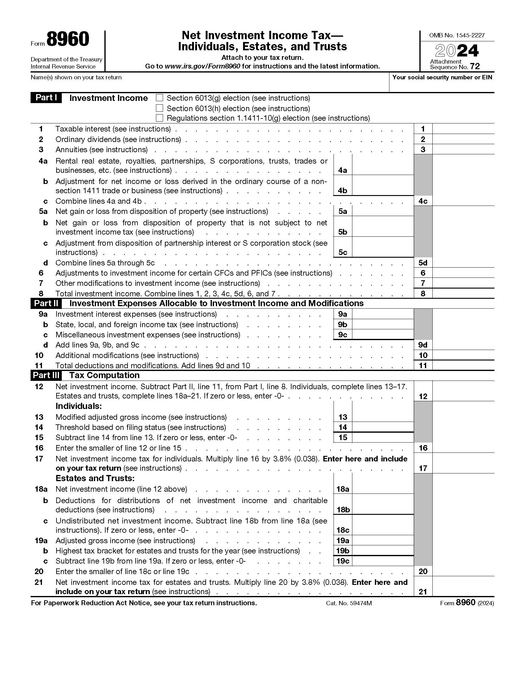 Form 8960 Net Investment Income Tax-Individuals Estates And Trusts {8960} | Pdf Fpdf Docx | Official Federal Forms