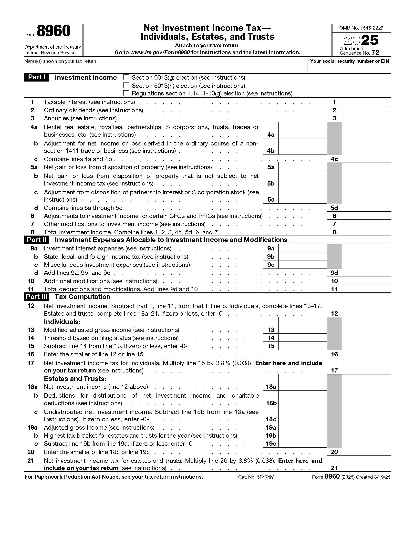 Form 8960 Net Investment Income Tax-Individuals Estates And Trusts {8960} | Pdf Fpdf Docx | Official Federal Forms