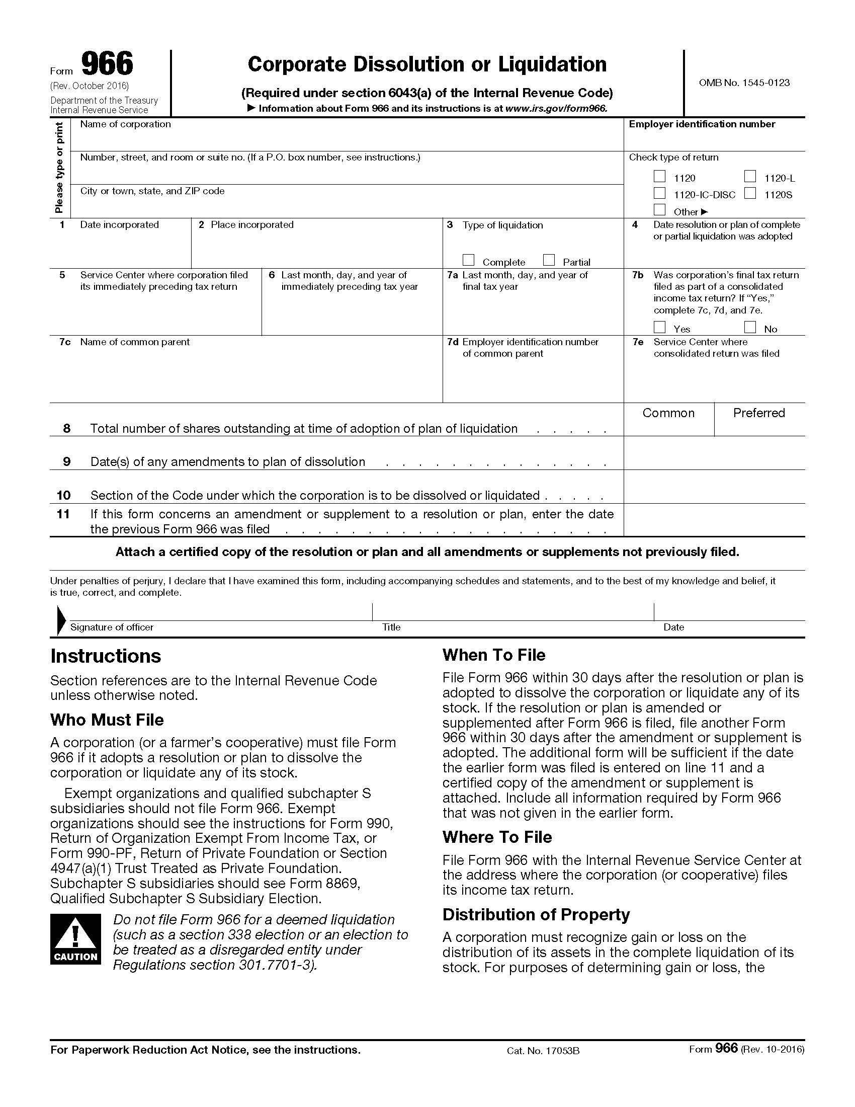 Form 966 Corporate Dissolution Or Liquidation {966} | Pdf Fpdf Doc Docx | Official Federal Forms