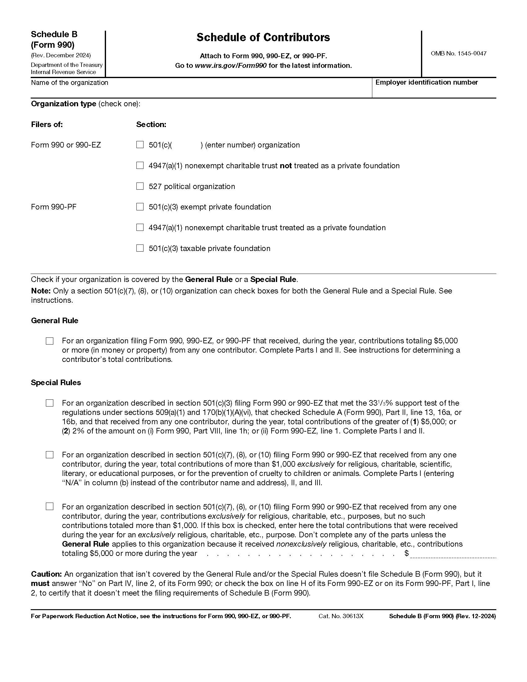 Form 990 990-EZ Or 990-PF Schedule B Schedule Of Contributors {990} | Pdf Fpdf Docx | Official Federal Forms