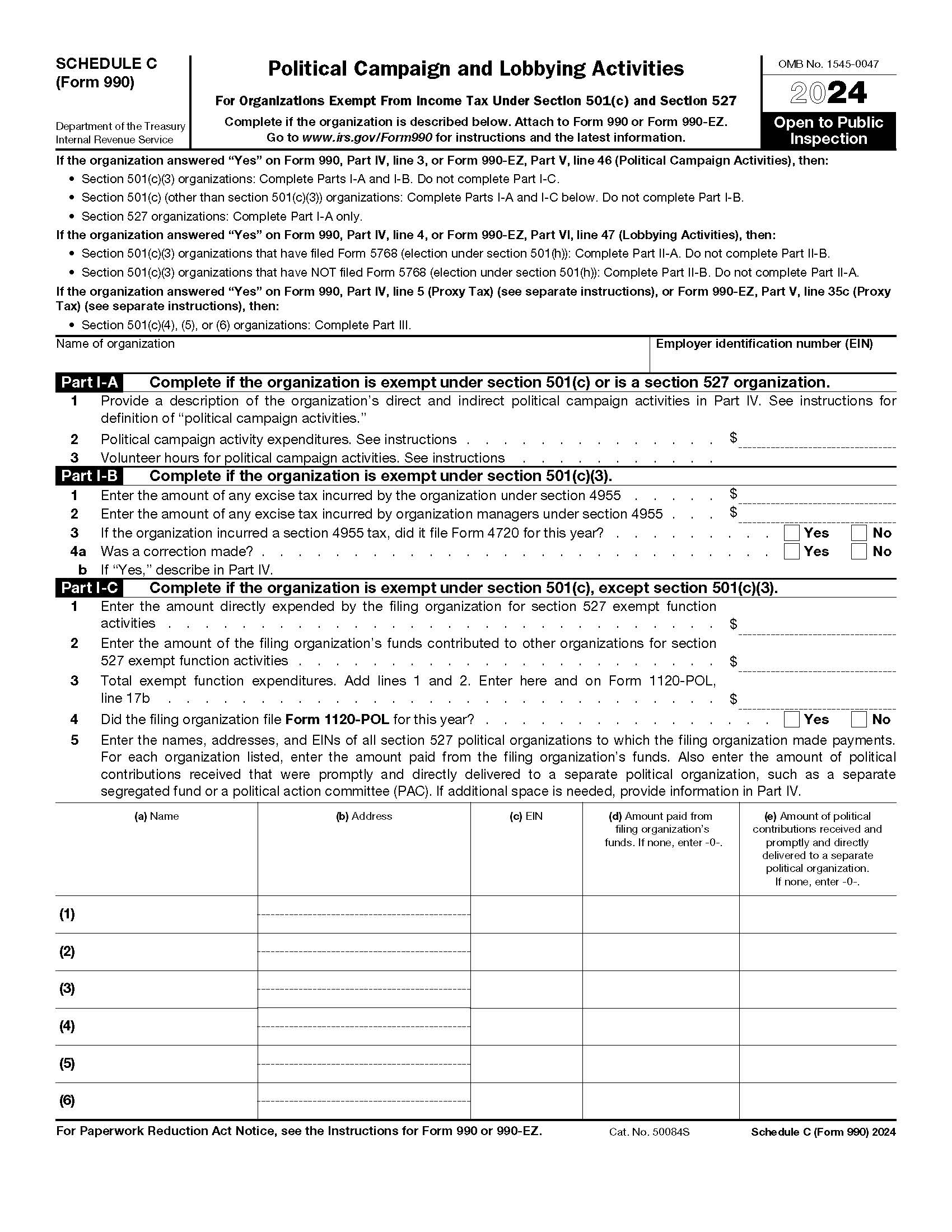 Form 990 Or 990-EZ Schedule C Political Campaign And Lobbying Activities {990} | Pdf Fpdf Docx | Official Federal Forms