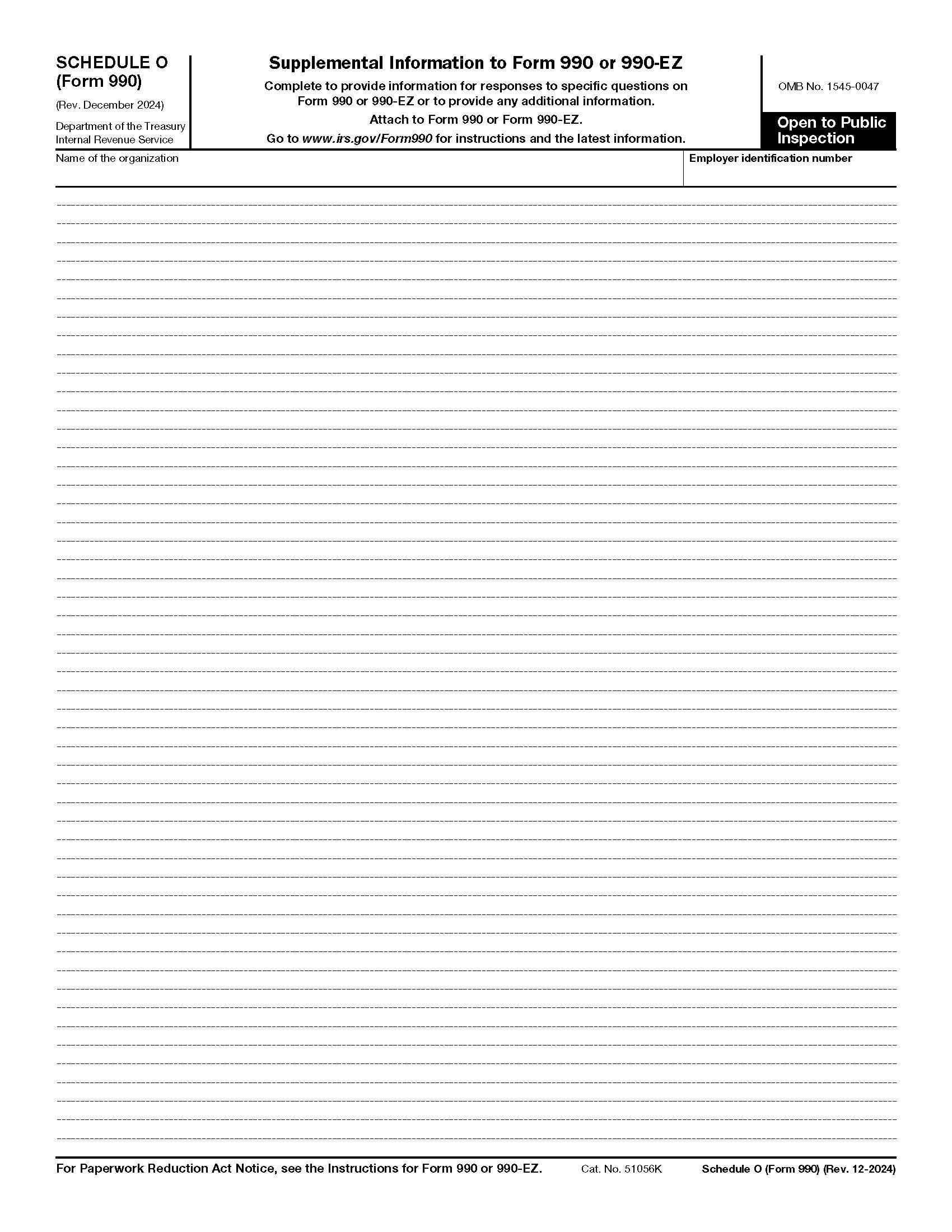 Form 990 Schedule O Supplemental Information To Form 990 Or 990-EZ {990} | Pdf Fpdf Docx | Official Federal Forms