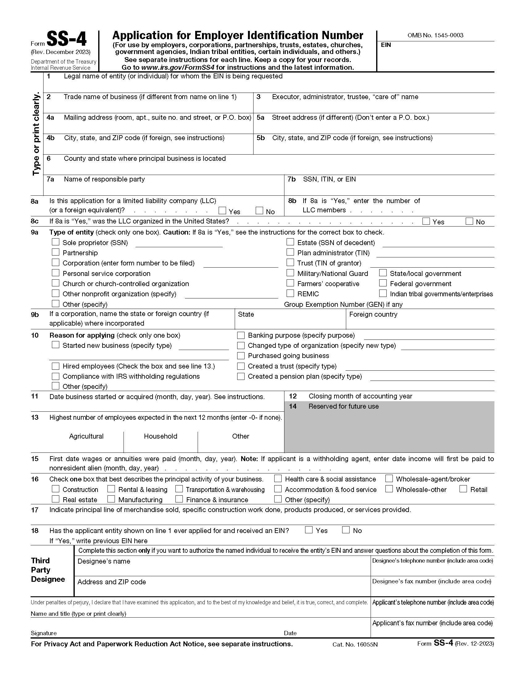 Form SS-4 Application For Employer Identification Number {SS-4} | Pdf Fpdf Docx | Official Federal Forms