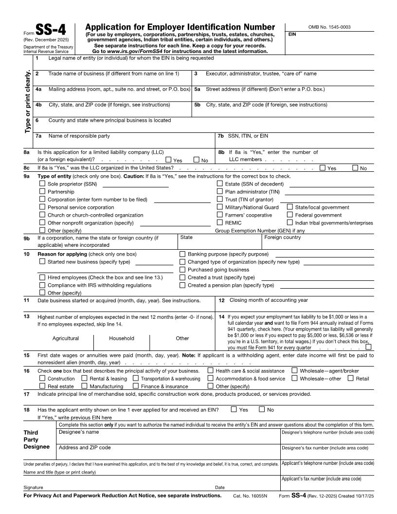 Form SS-4 Application For Employer Identification Number {SS-4} | Pdf Fpdf Docx | Official Federal Forms