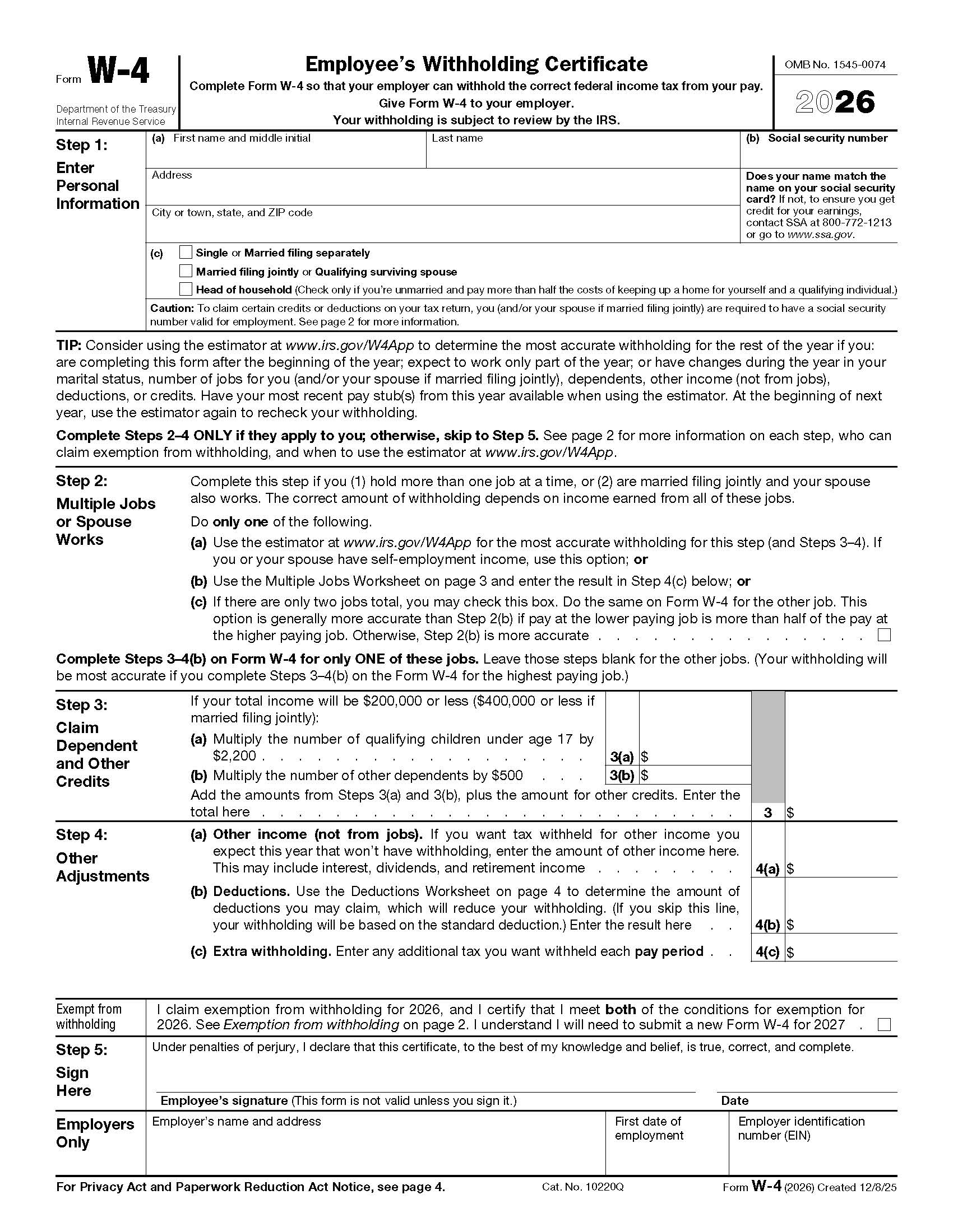 Form W-4 Employees Withholding Certificate {W-4} | Pdf Fpdf Docx | Official Federal Forms