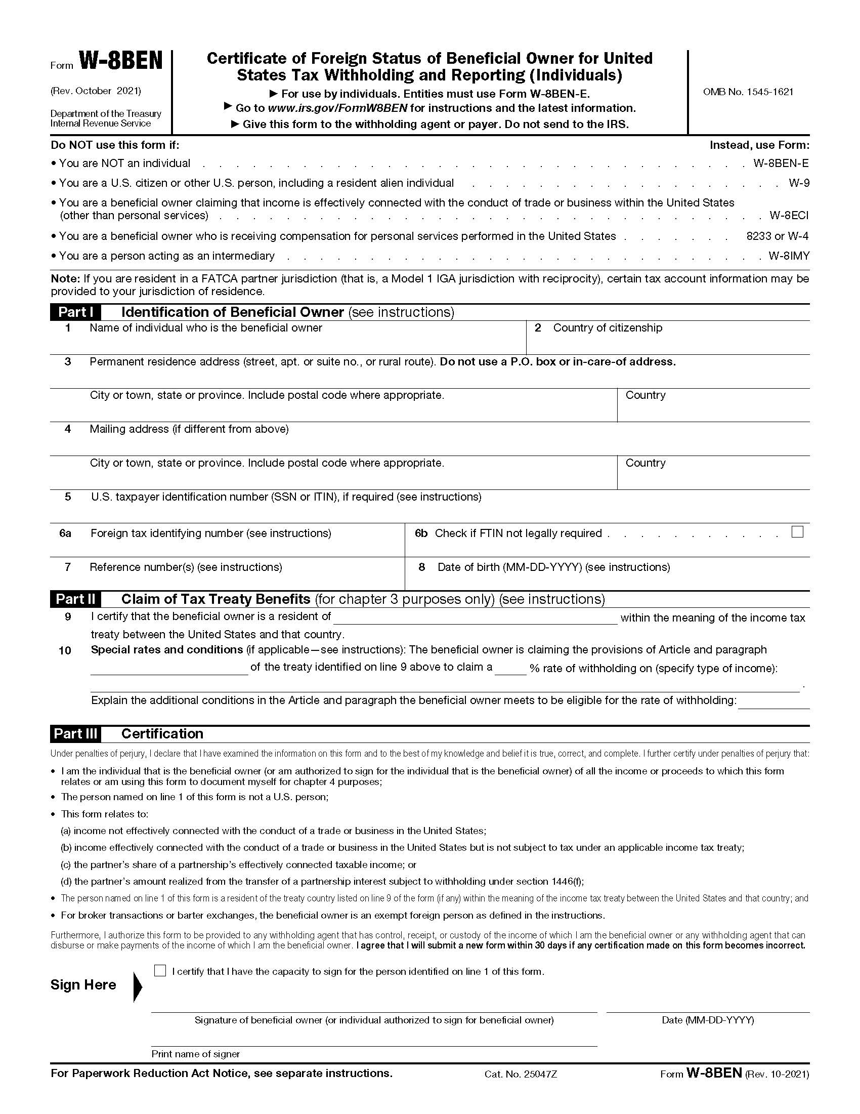 Form W-8BEN Certificate Of Foreign Status Of Beneficial Owner-Tax Withholding {W-8BEN} | Pdf Fpdf Doc Docx | Official Federal Forms