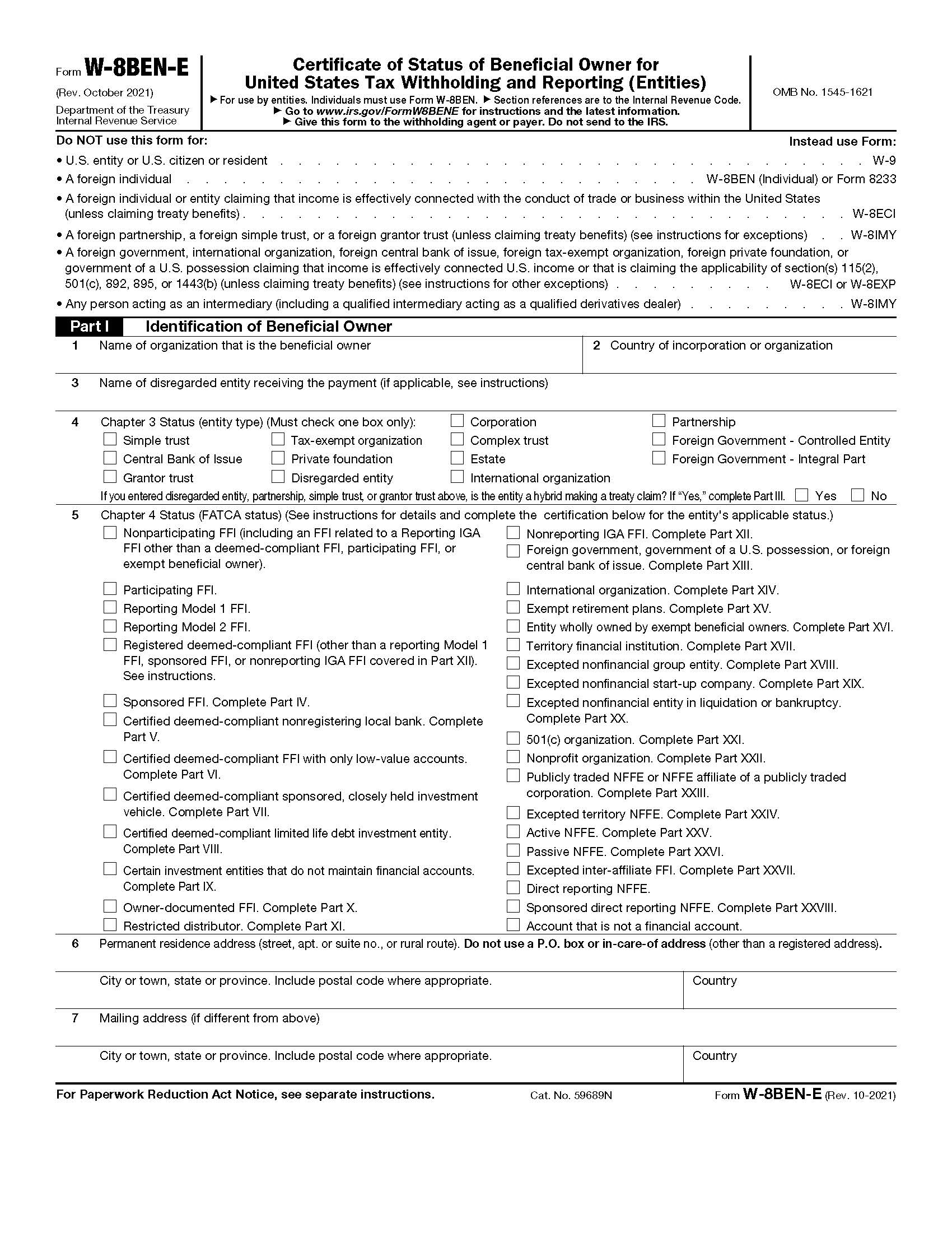 Form W-8BEN-E Certificate Of Entities Status Of Beneficial Owner-Tax Withholding {W-8BEN-E} | Pdf Fpdf Doc Docx | Official Federal Forms
