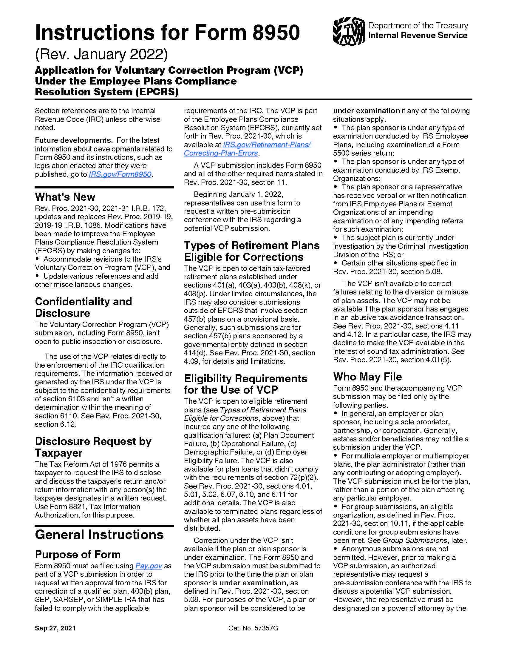 Instructions For Form 8950 Application For Voluntary Correction Program (VCP) Submission {8950} | Pdf Fpdf Doc Docx | Official Federal Forms