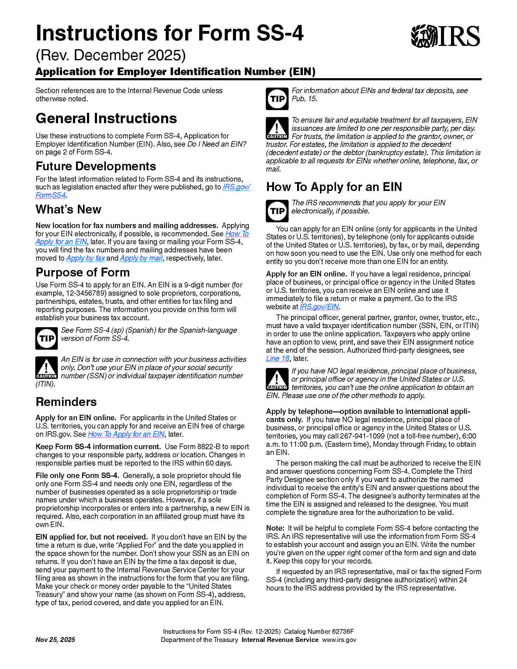 Instructions For Form SS-4 Application For Employer Identification Number {SS-4} | Pdf Fpdf Doc Docx | Official Federal Forms