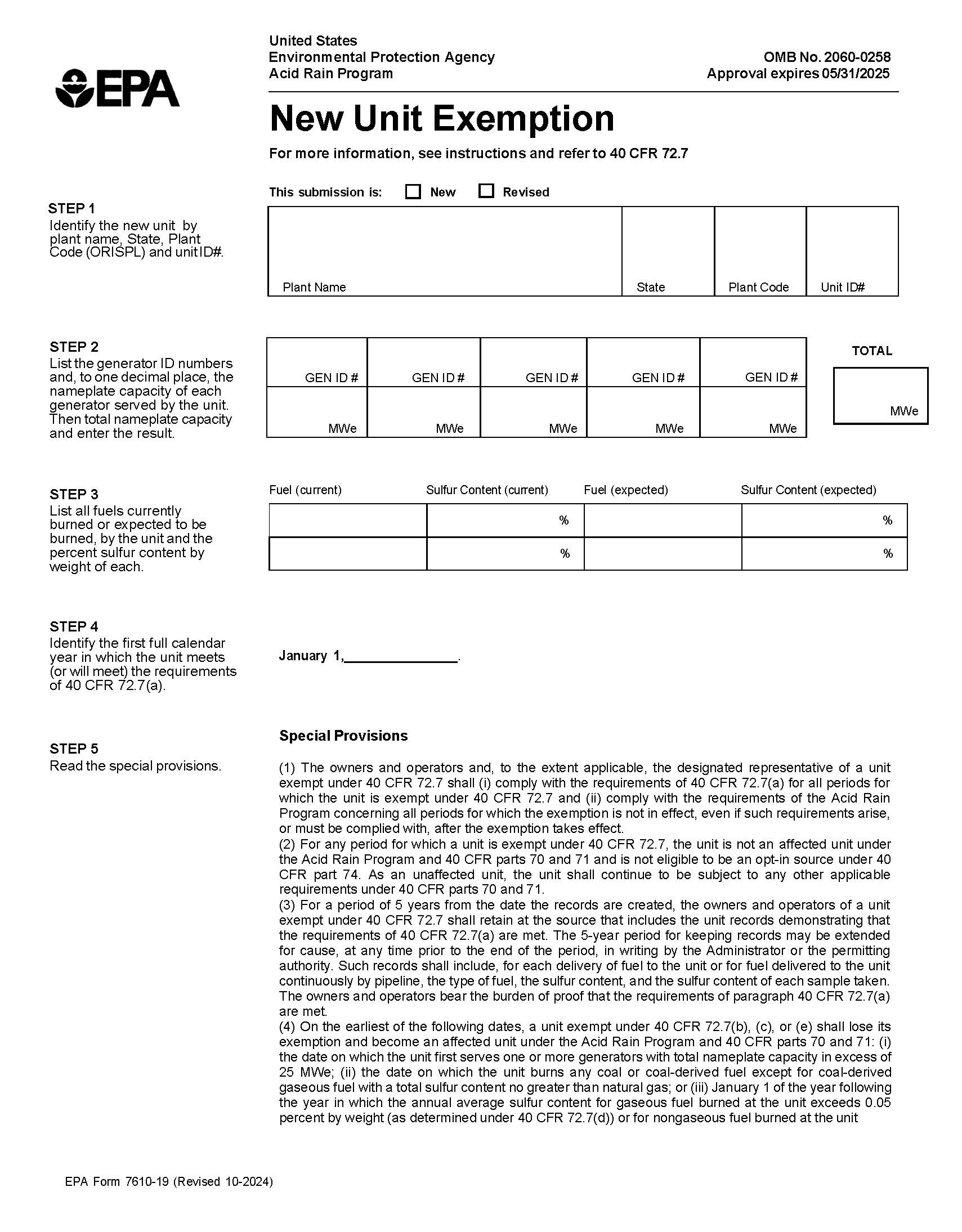 New Unit Exemption {7610-19} | Pdf Fpdf Docx | Official Federal Forms