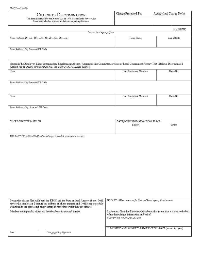 Charge Of Discrimination {5} | Pdf Fpdf Doc Docx | Official Federal Forms
