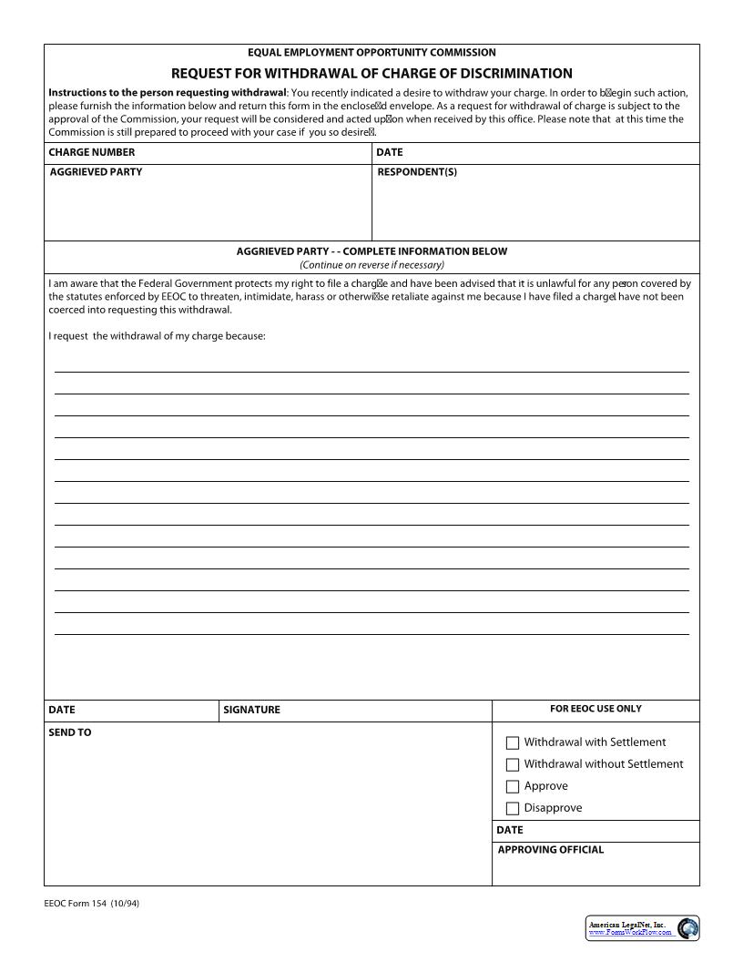 Request For Withdrawal Of Charge Of Discrimination {154} | Pdf Fpdf Docx | Official Federal Forms
