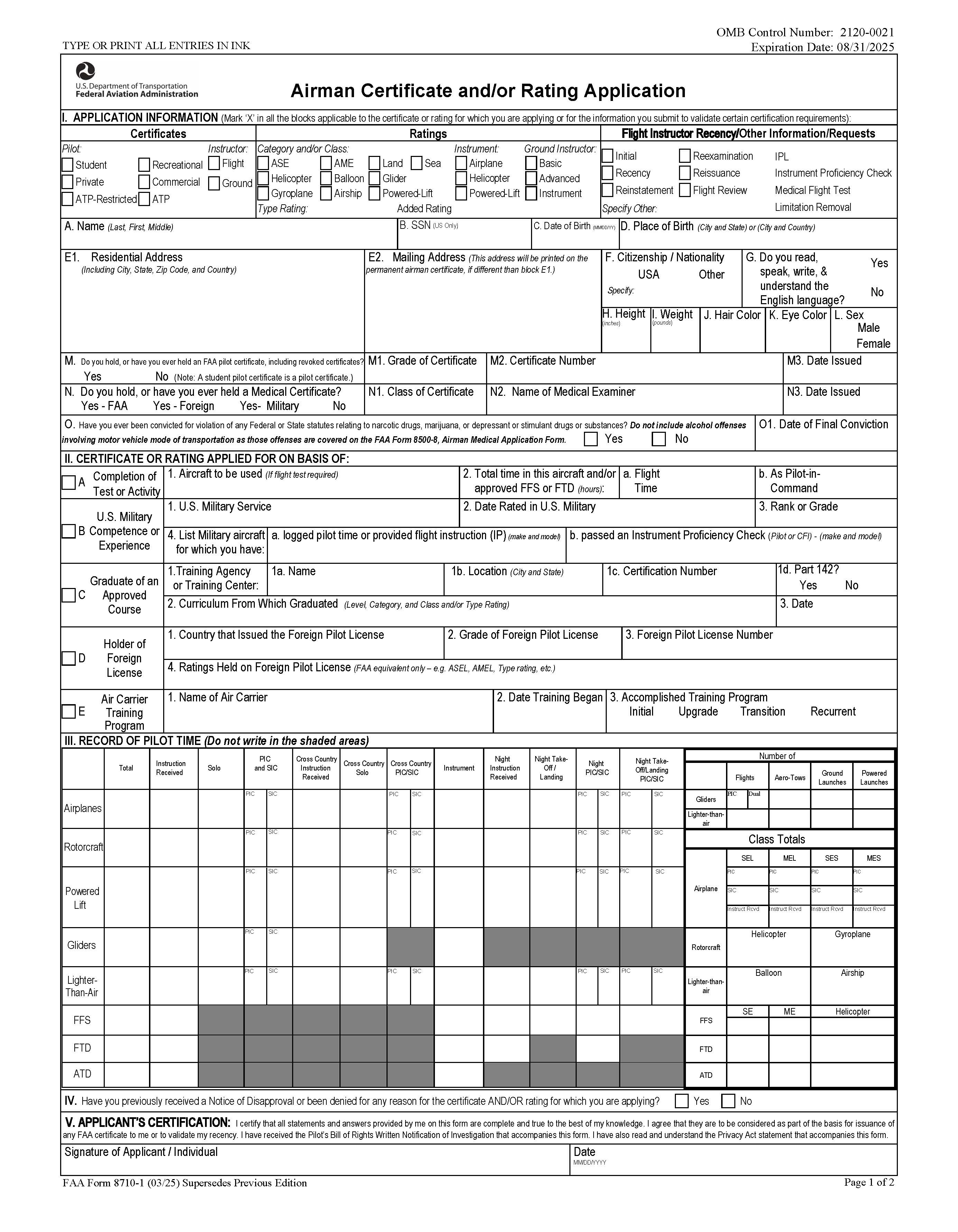 Airman Certificate And-Or Rating Application {FAA 8710-1} | Pdf Fpdf Doc Docx | Official Federal Forms