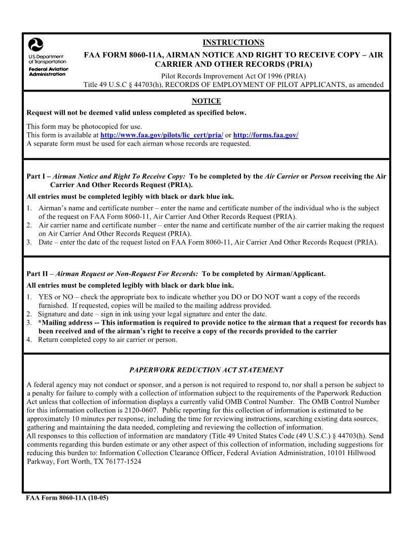 Airman Notice And Right To Receive Copy-Air Carrier And Other Records {FAA 8060-11A} | Pdf Fpdf Docx | Official Federal Forms