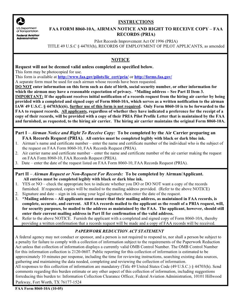 Airman Notice And Right To Receive Copy-FAA Records (PRIA) {FAA 8060-10A} | Pdf Fpdf Doc Docx | Official Federal Forms