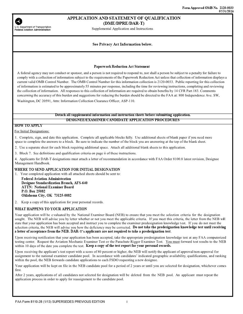 Application And Statement Of Qualification (DME DPRE DAR-T ODAR-T) {FAA 8110-28} | Pdf Fpdf Doc Docx | Official Federal Forms