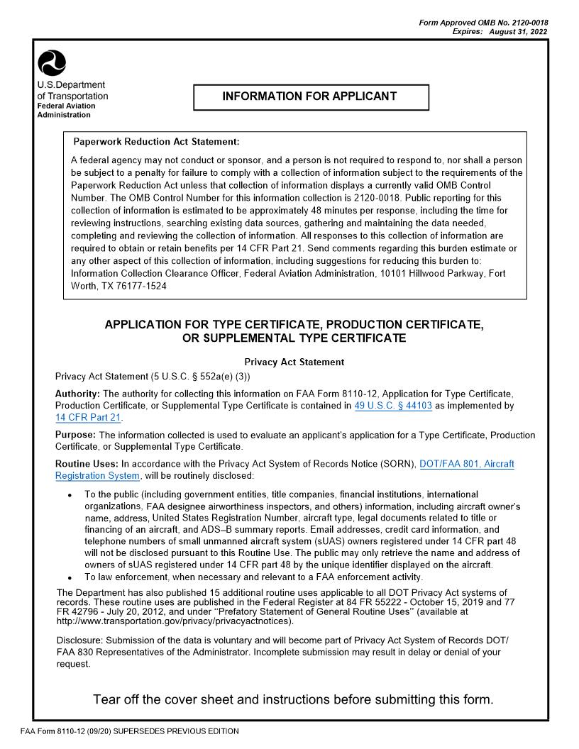 Application For Type Certificate Production Certificate Or Supplemental Type Certificate {FAA 8110-12} | Pdf Fpdf Docx | Official Federal Forms