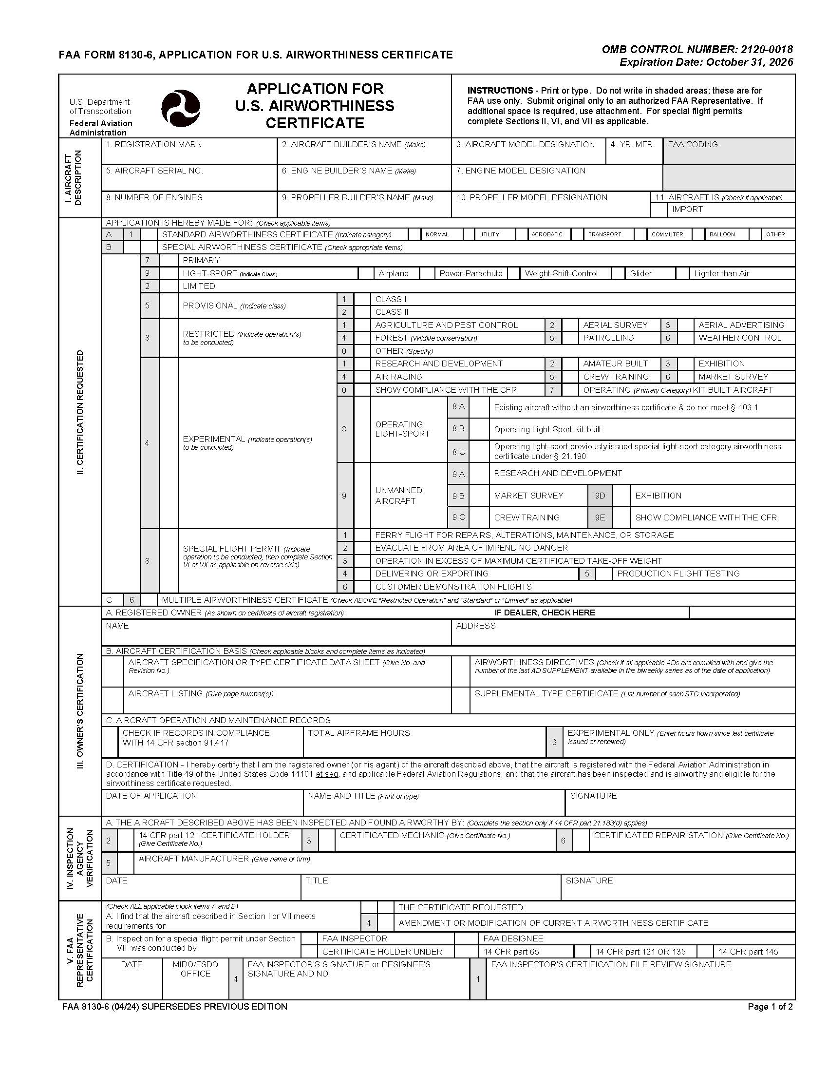 Application For US Airworthiness Certificate {FAA 8130-6} | Pdf Fpdf Docx | Official Federal Forms