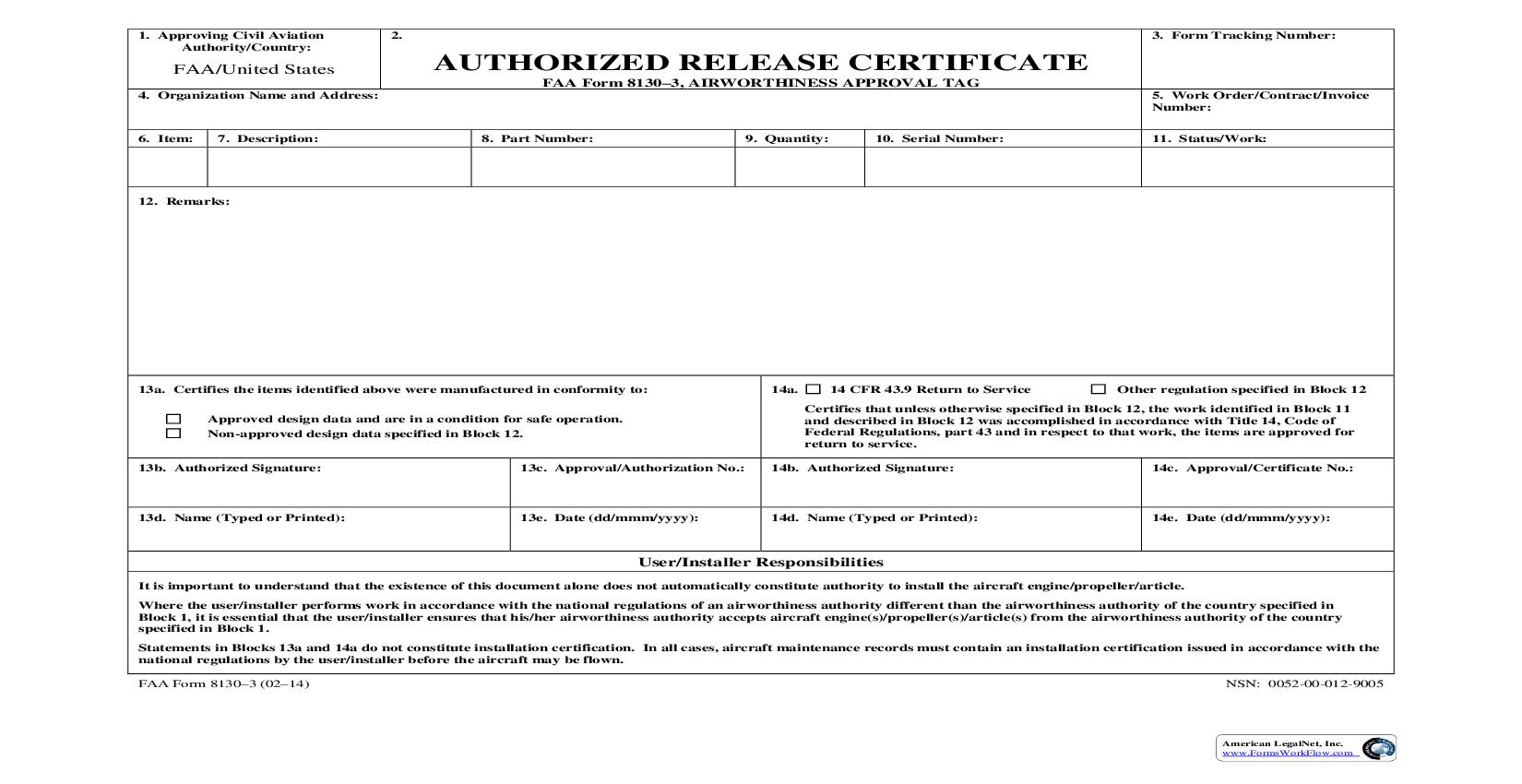 Authorized Release Certificate Airworthiness Approval Tag {FAA 8130-3} | Pdf Fpdf Doc Docx | Official Federal Forms