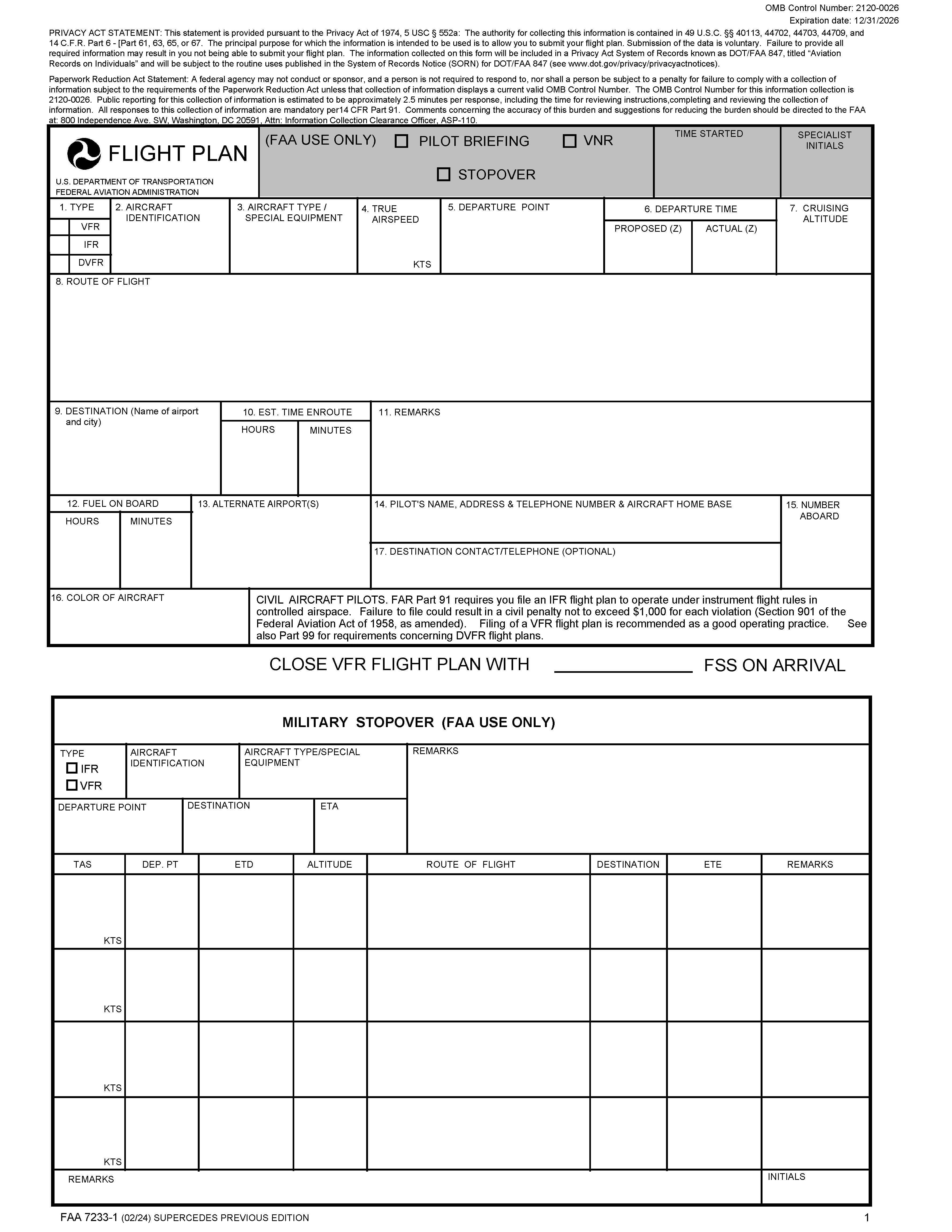 Flight Plan {FAA 7233-1} | Pdf Fpdf Doc Docx | Official Federal Forms