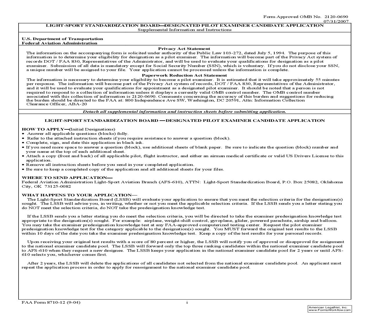 Light-Sport Standardization Board-Designated Pilot Examiner Candidate Application {FAA 8710-12} | Pdf Fpdf Doc Docx | Official Federal Forms