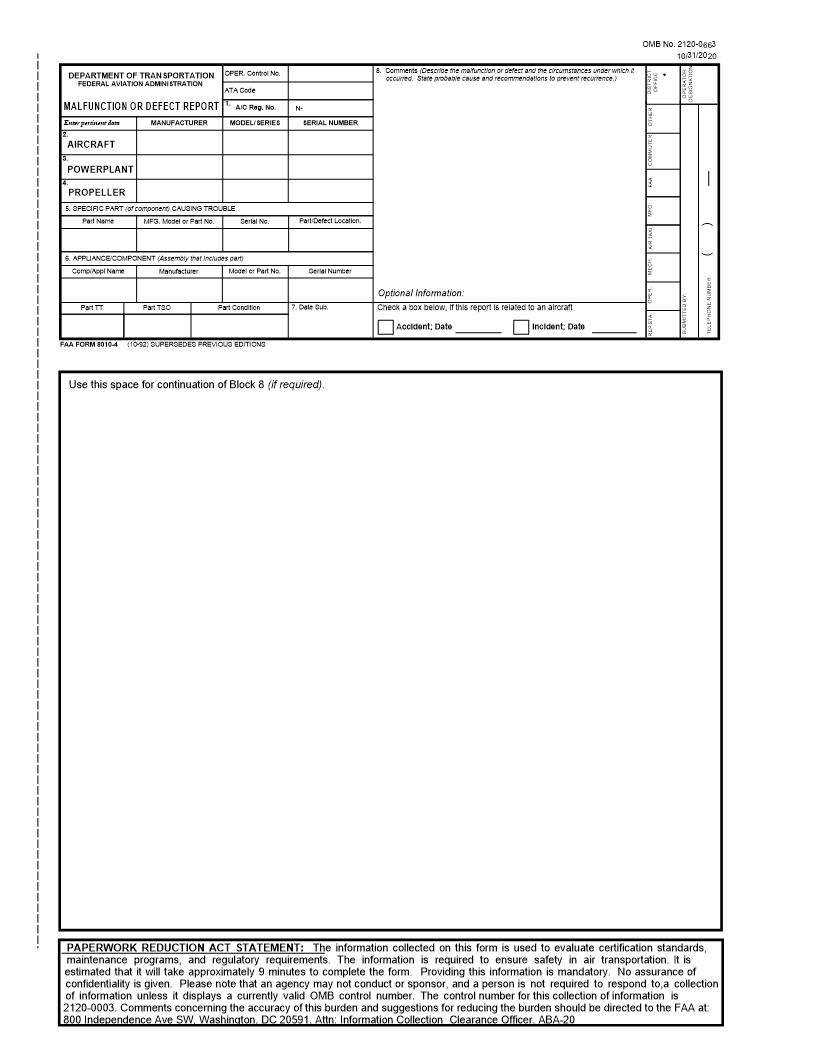 Malfunction Or Defect Report {FAA 8010-4} | Pdf Fpdf Doc Docx | Official Federal Forms