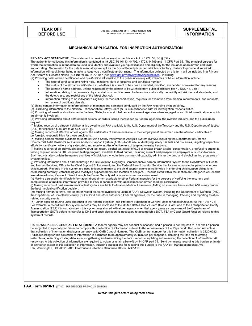 Mechanics Application For Inspection Authorization {FAA 8610-1} | Pdf Fpdf Docx | Official Federal Forms
