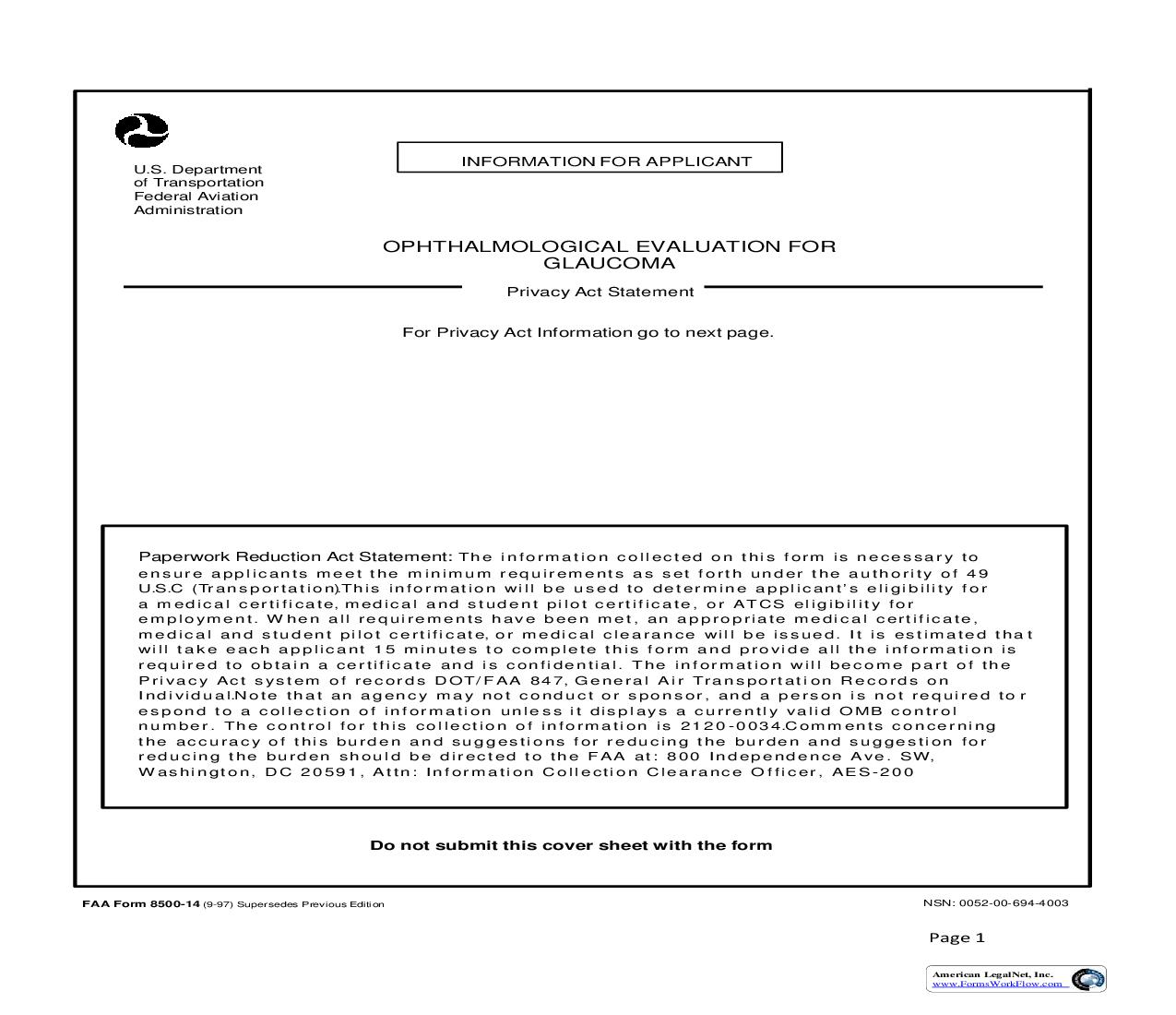 Orthalmological Evaluation For Glaucoma {FAA 8500-14} | Pdf Fpdf Doc Docx | Official Federal Forms