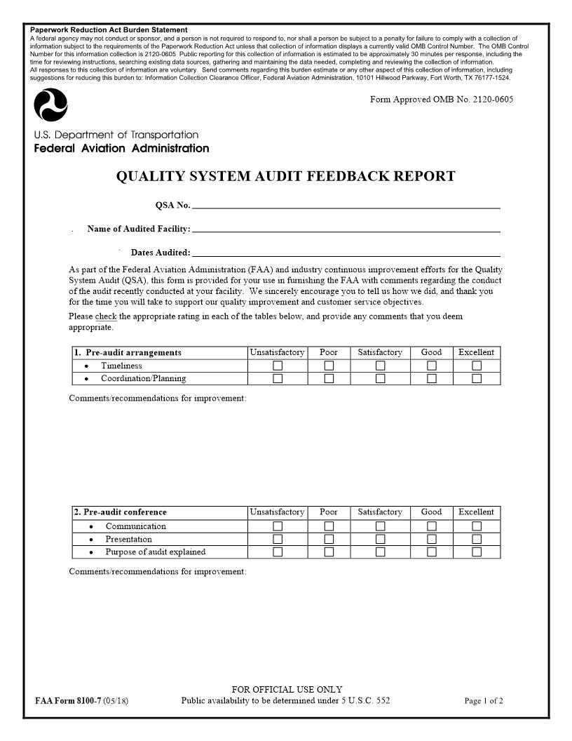 Quality System Audit (QSA) Feedback Report {FAA 8100-7} | Pdf Fpdf Doc Docx | Official Federal Forms