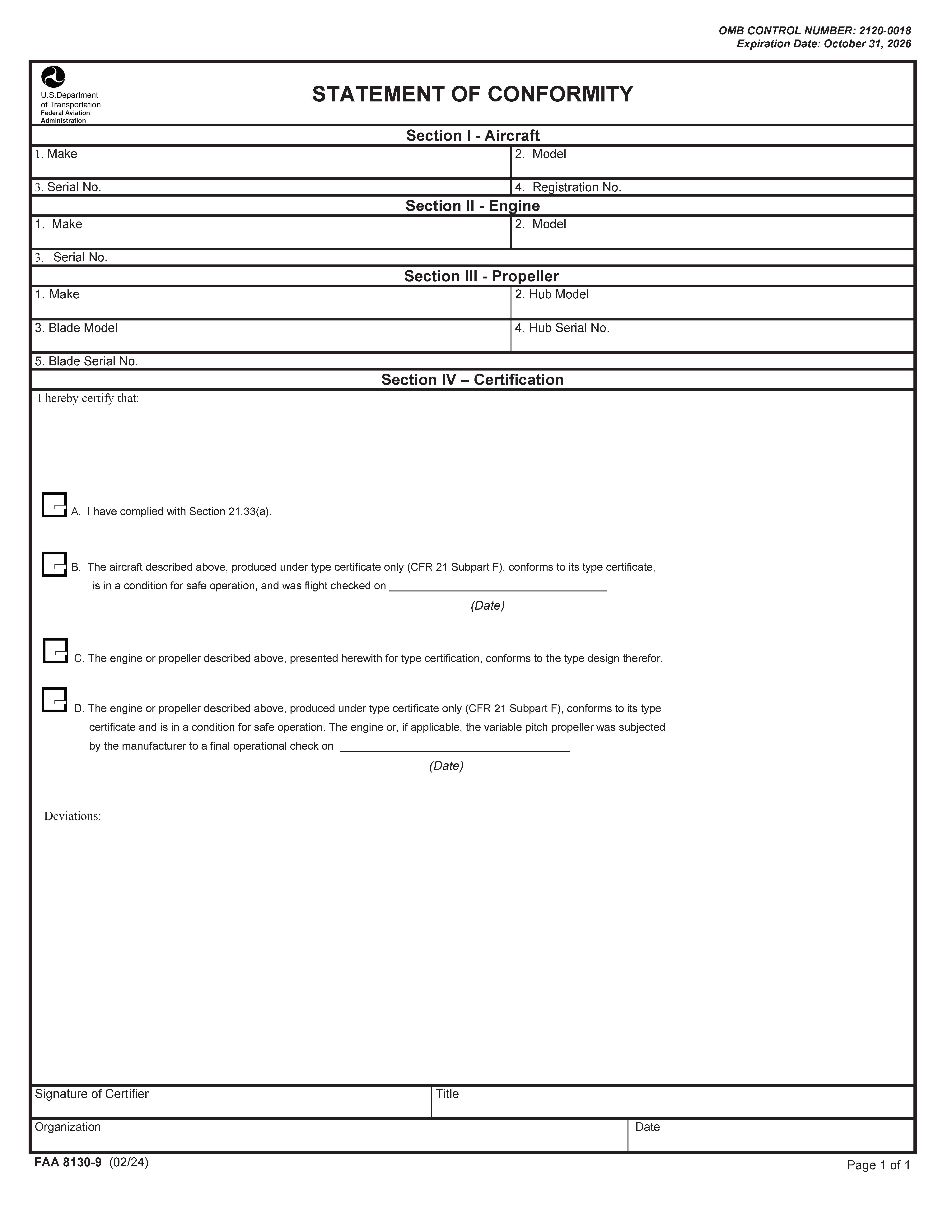 Statement Of Conformity {FAA 8130-9} | Pdf Fpdf Docx | Official Federal Forms