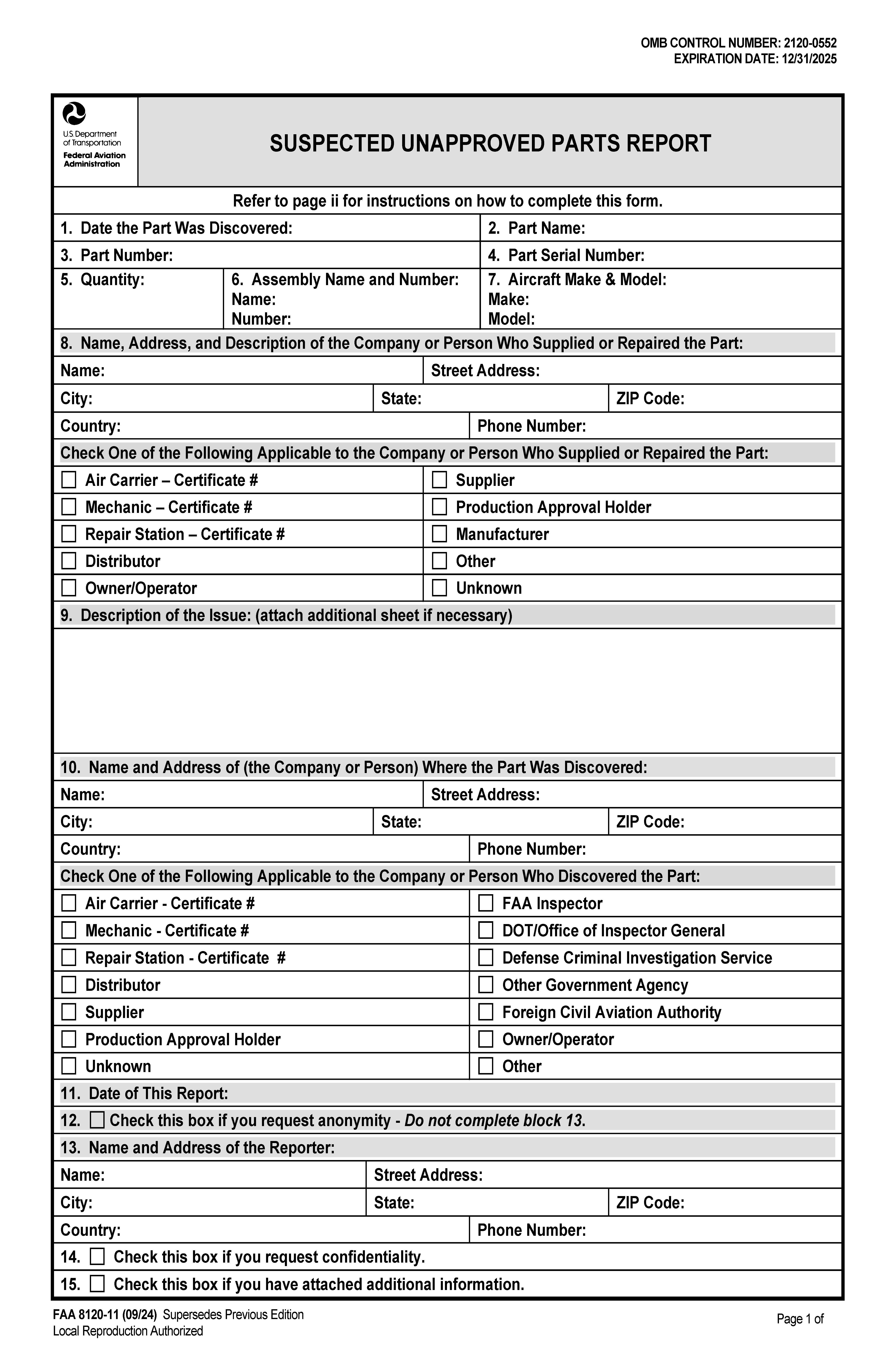 Suspected Unapproved Parts Report {FAA 8120-11} | Pdf Fpdf Docx | Official Federal Forms