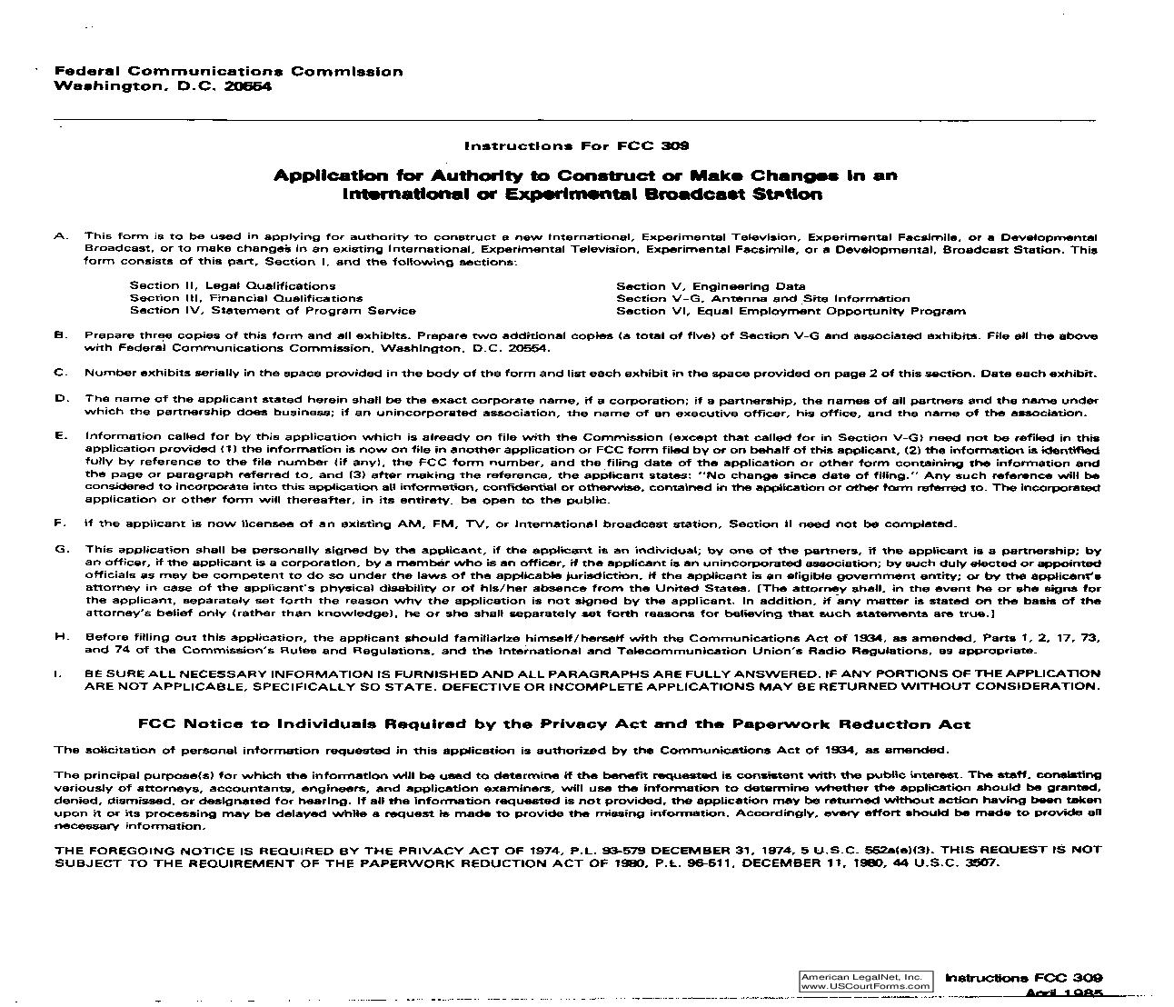 Application For Authority To Construct Or Make Changes In An International Or Experimental Broadcast Station {309} | Pdf Fpdf Doc Docx | Official Federal Forms