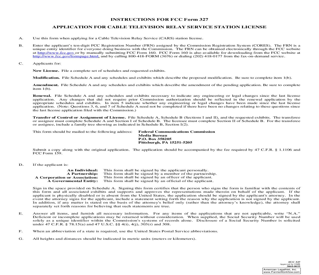 Application For Cable Television Relay Service Station License {327} | Pdf Fpdf Doc Docx | Official Federal Forms