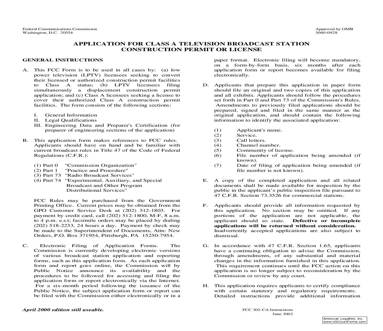 Application For Class A Television Broadcast Station Construction Permit Or License {302-CA} | Pdf Fpdf Doc Docx | Official Federal Forms