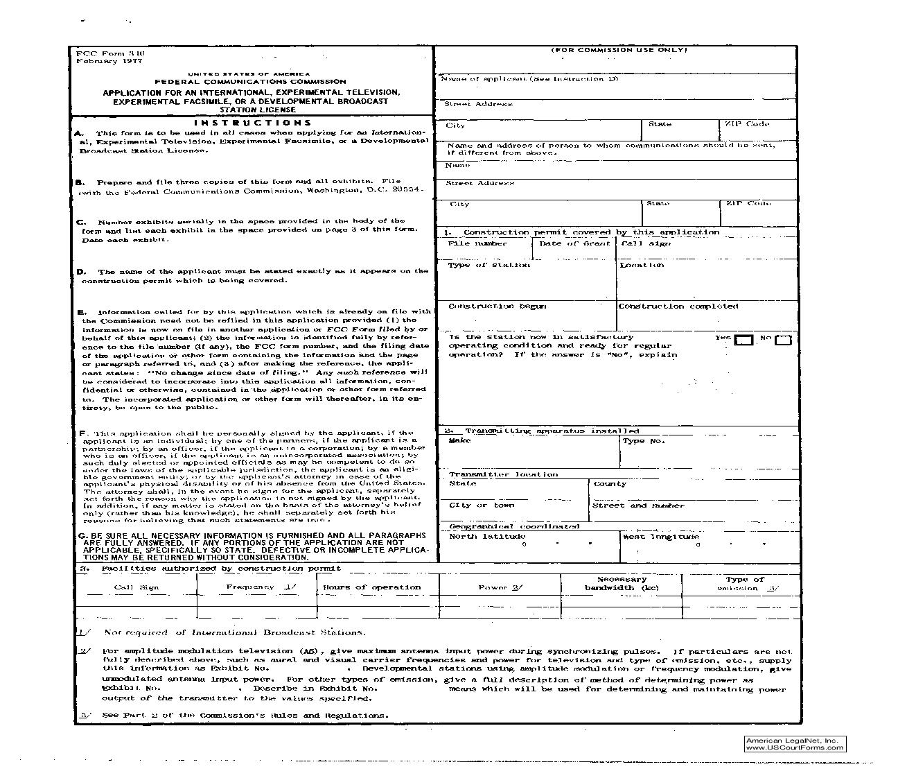 Application For International Experimental Television Experimental Facsimile - Developmental Broadcast Station License {310} | Pdf Fpdf Doc Docx | Official Federal Forms