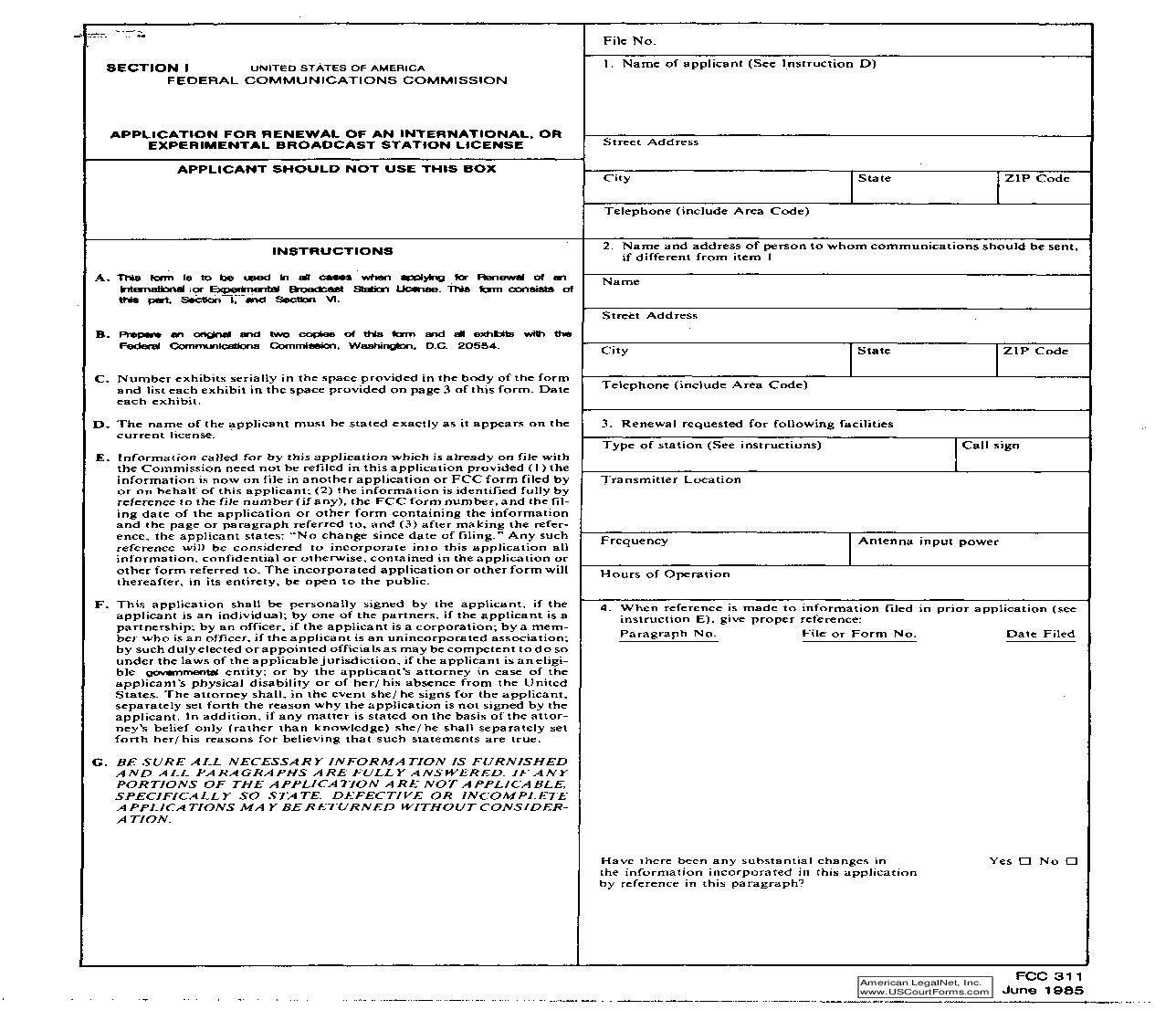 Application For Renewal Of An International Or Experimental Broadcast Station License {311} | Pdf Fpdf Doc Docx | Official Federal Forms