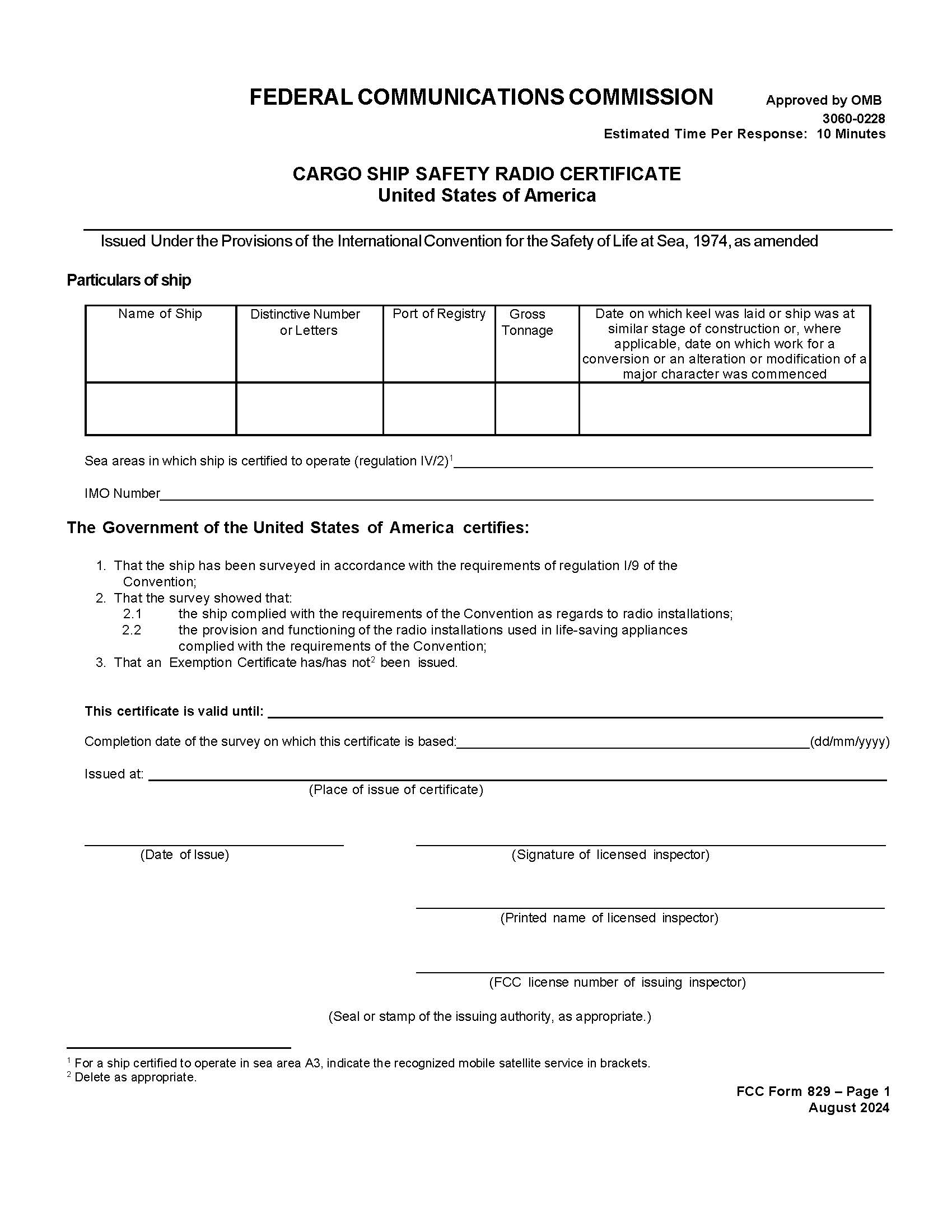 Cargo Ship Safety Radio Certificate {829} | Pdf Fpdf Doc Docx | Official Federal Forms