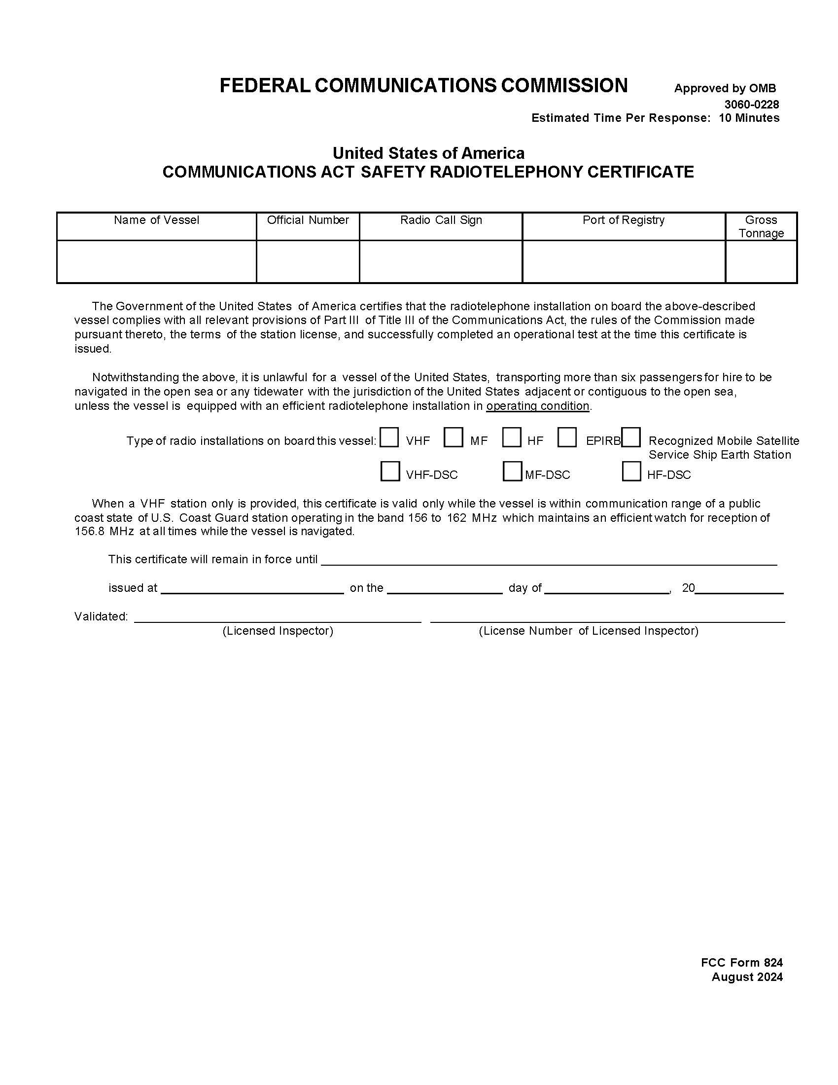 Communications Act Safety Radiotelephony Certificate {824} | Pdf Fpdf Doc Docx | Official Federal Forms