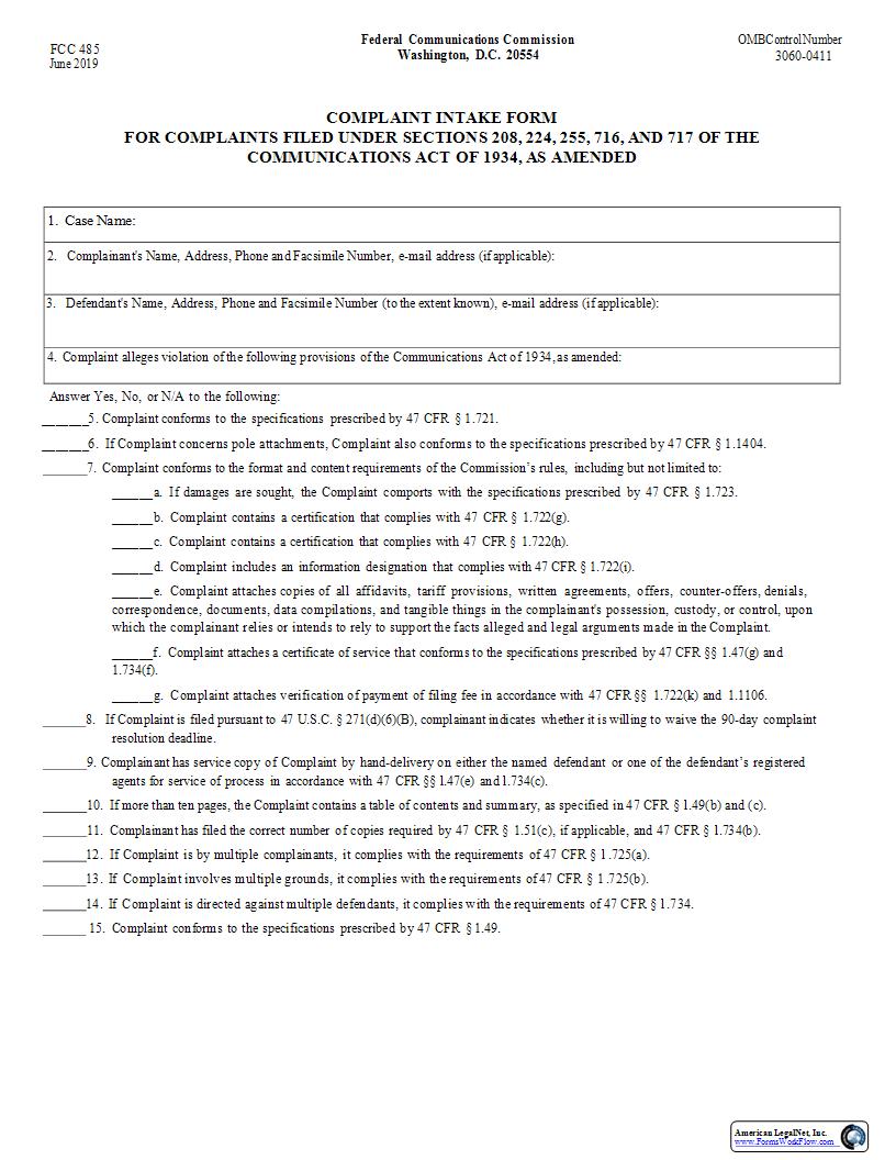 Formal Complaint Intake Form {485} | Pdf Fpdf Docx | Official Federal Forms
