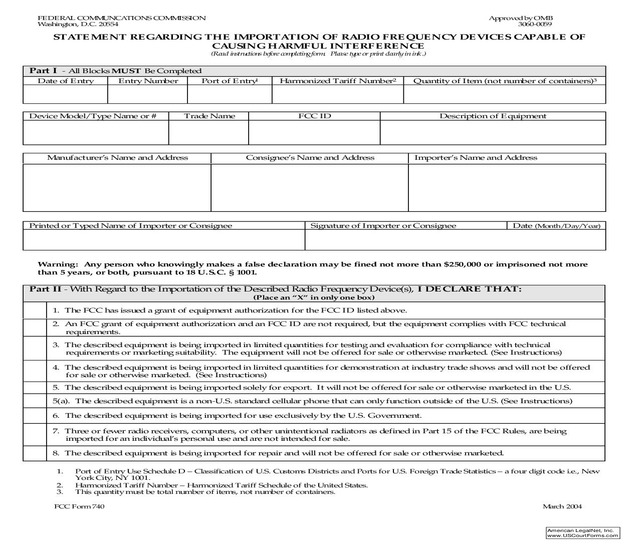 Statement Regarding The Importation Of Radio Frequency Devices Capable Of Causing Harmful Interference {740} | Pdf Fpdf Doc Docx | Official Federal Forms