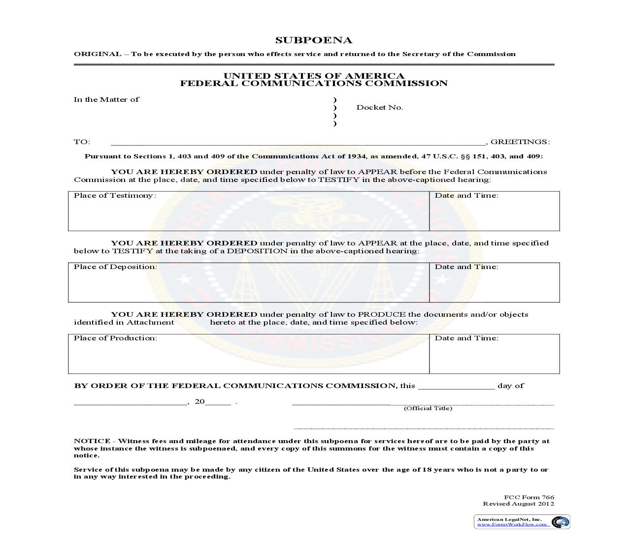 Subpoena {766} | Pdf Fpdf Doc Docx | Official Federal Forms