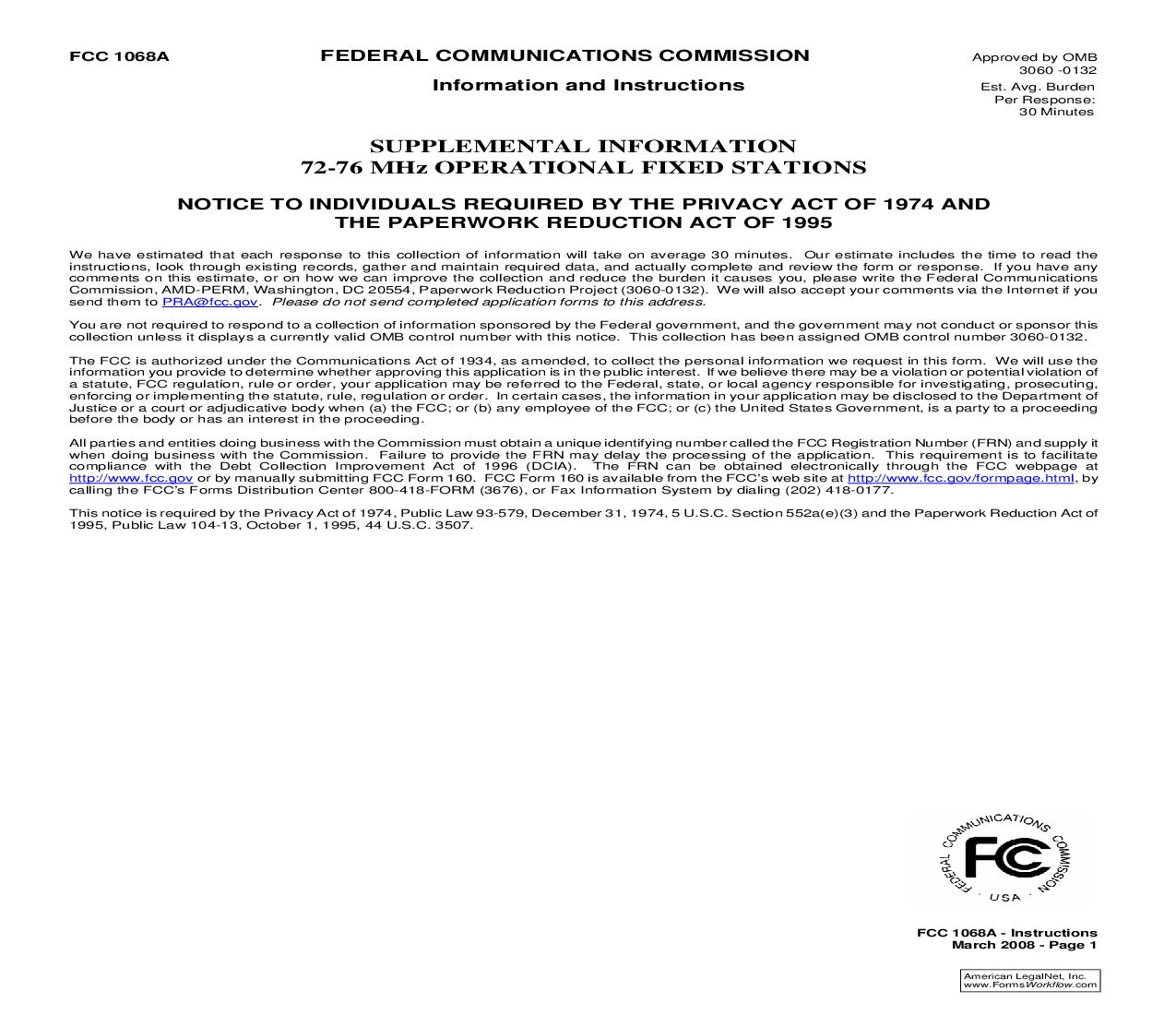 Supplemental Information 72-76 MHz Operational Fixed Stations {1068A} | Pdf Fpdf Doc Docx | Official Federal Forms