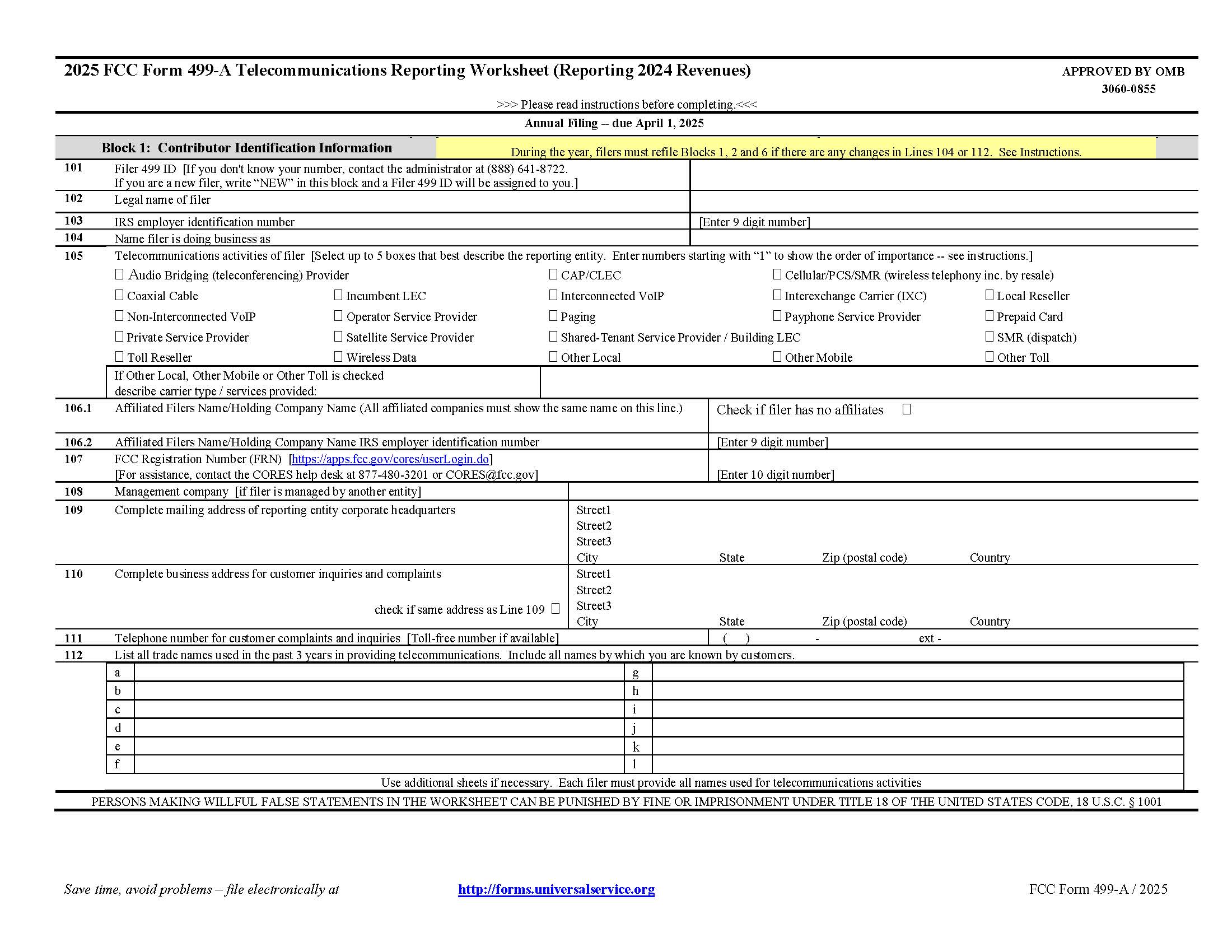 Telecommunications Reporting Worksheet (Annual Filing) {499-A} | Pdf Fpdf Docx | Official Federal Forms