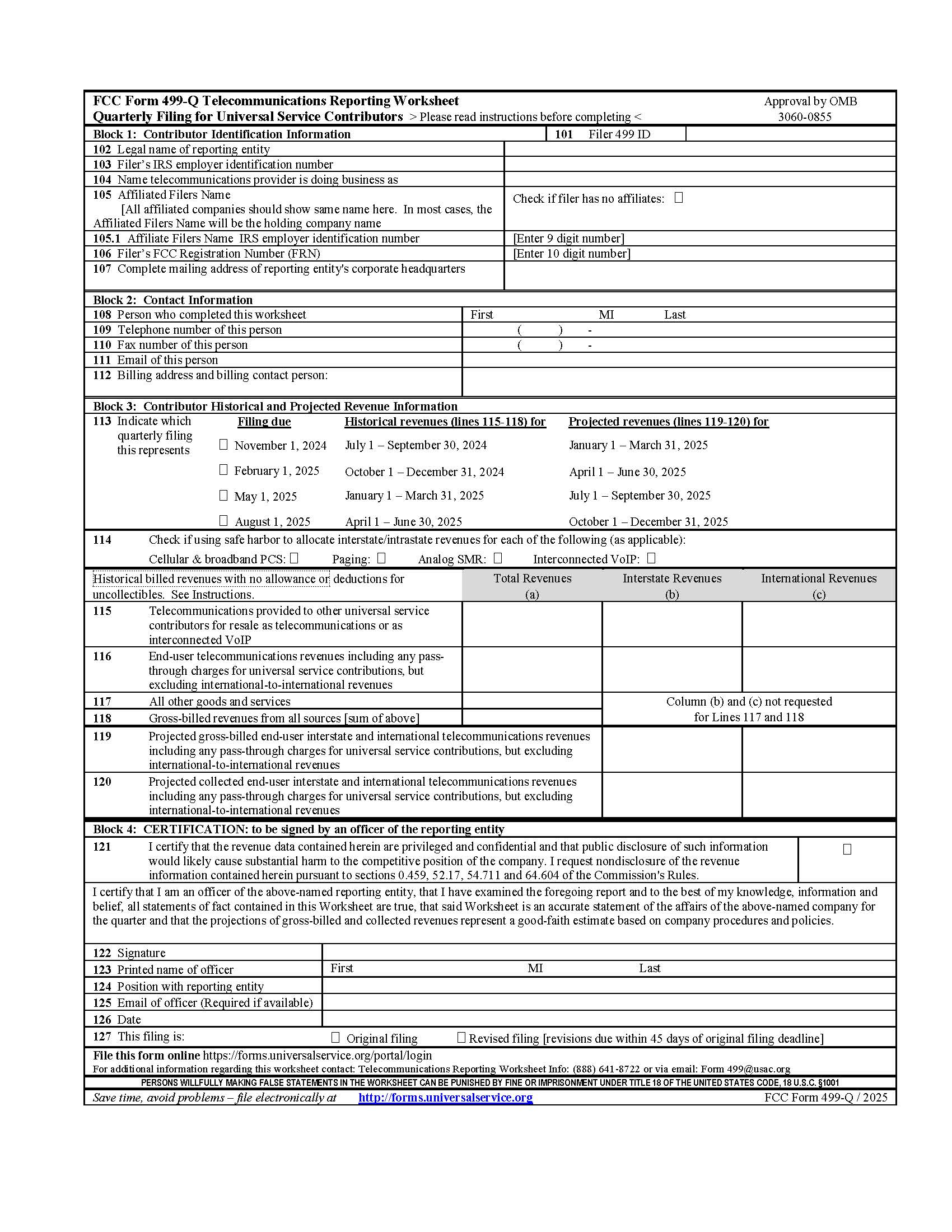 Telecommunications Reporting Worksheet Quarterly Filing For Universal Service Contributors {499-Q} | Pdf Fpdf Docx | Official Federal Forms