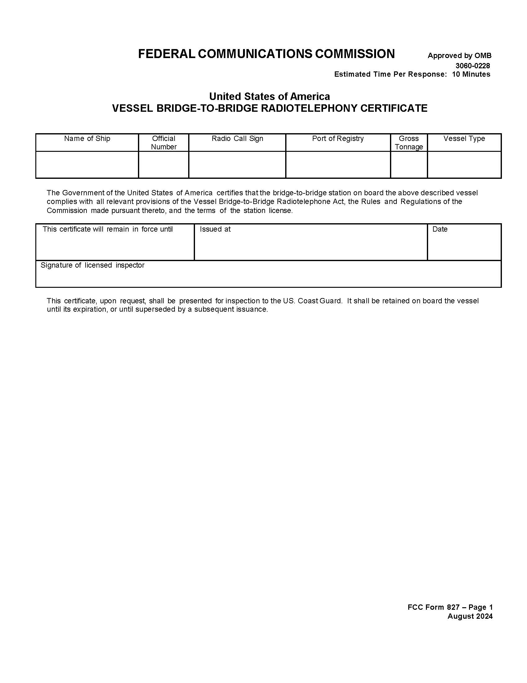 Vessel Bridge-To-Bridge Radiotelephony Certificate {827} | Pdf Fpdf Doc Docx | Official Federal Forms