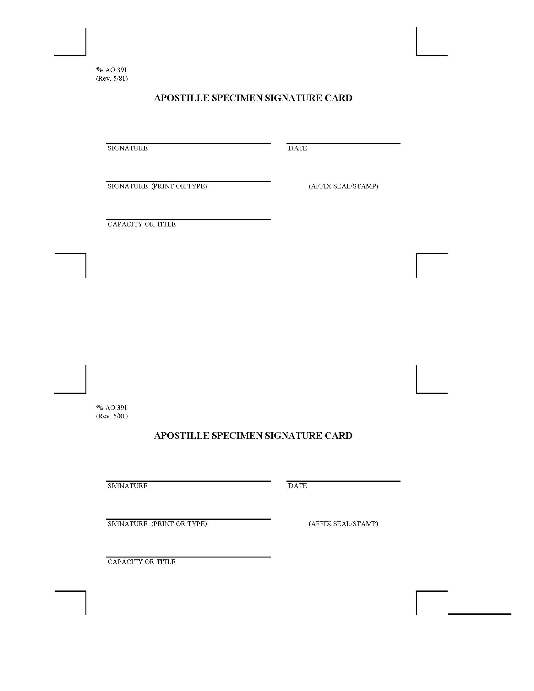 Apostille Specimen Signature Card {AO 391} | Pdf Fpdf Doc Docx | Official Federal Forms