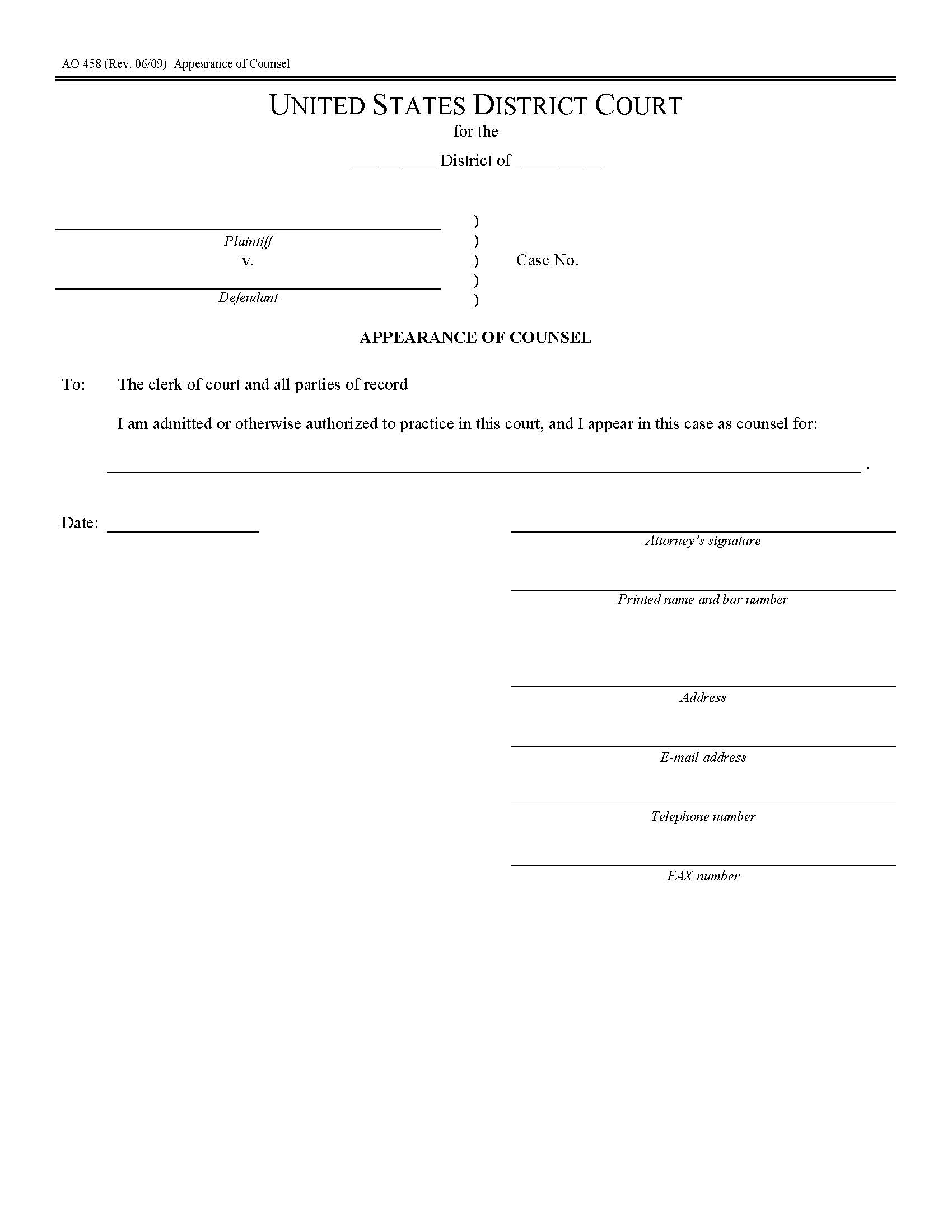 Appearance Of Counsel {AO 458} | Pdf Fpdf Doc Docx | Official Federal Forms